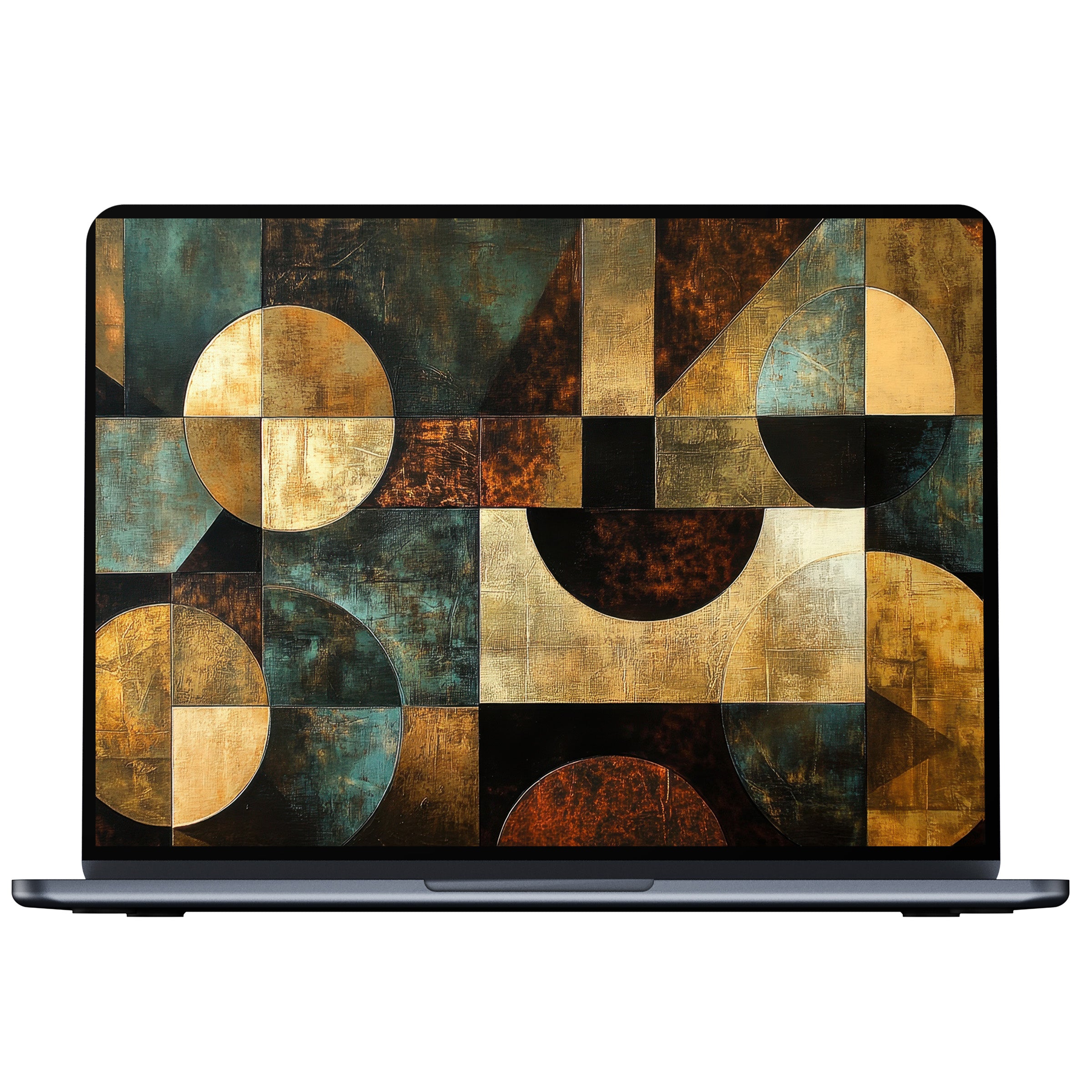 Abstract geometric modern desktop wallpaper in gold, teal, and black, perfect for digital download on PC and laptop screens