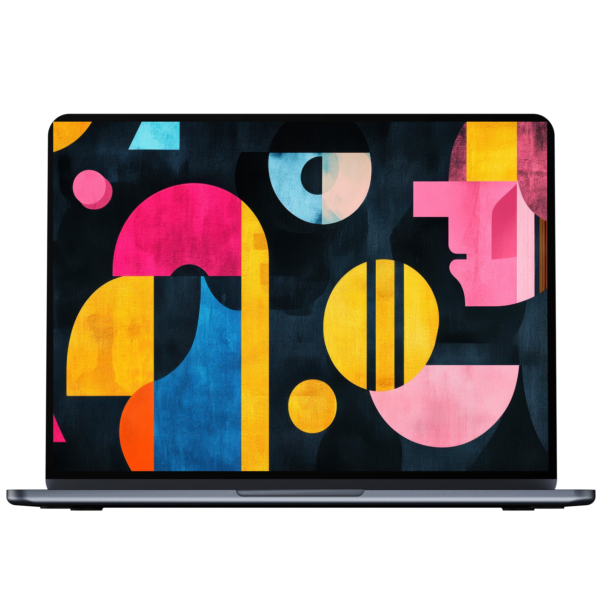 Modern desktop wallpaper digital download features vibrant geometric shapes in pink, blue, and yellow, inspiring PC and laptop creativity