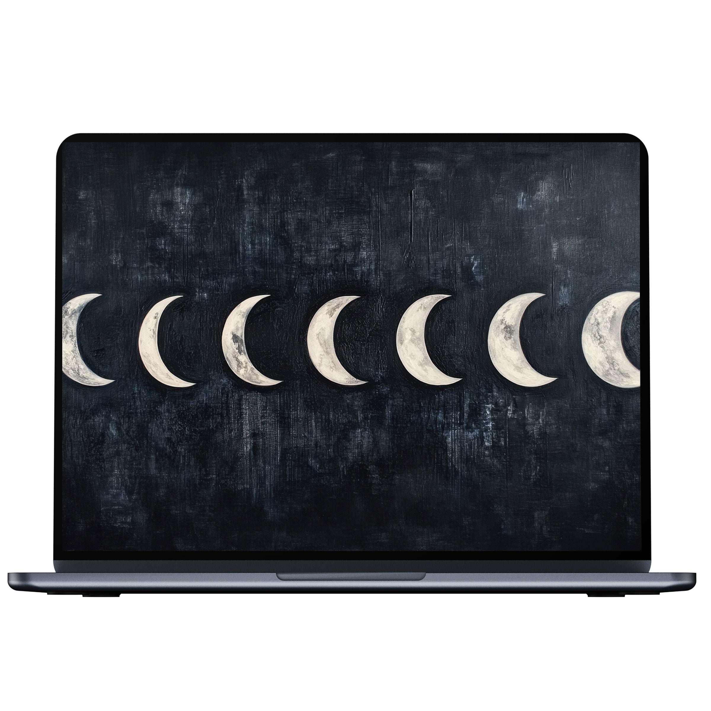 Modern desktop wallpaper with lunar phases on a textured black canvas offering calm and elegance for PC, laptop, or Mac users