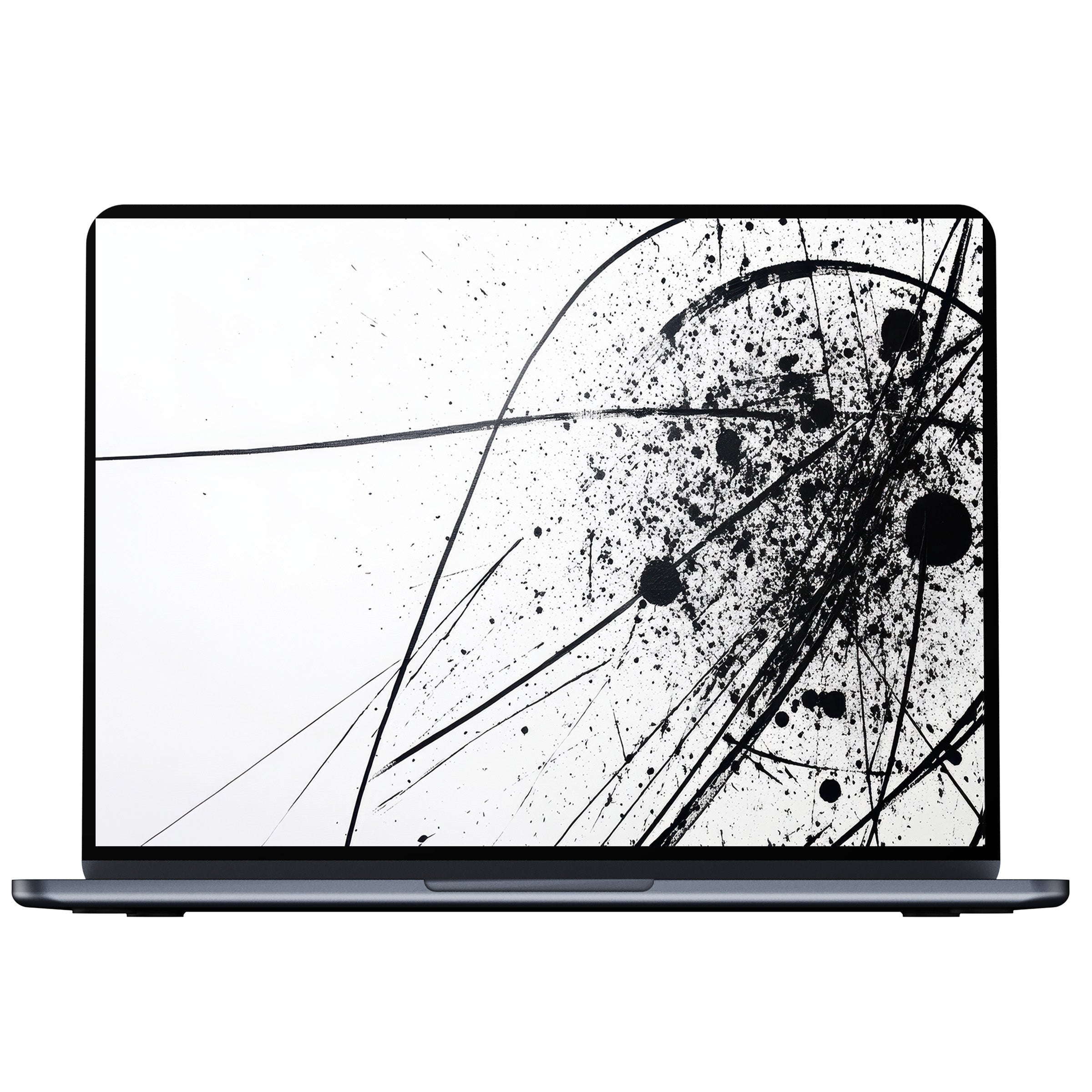 Modern desktop wallpaper featuring abstract black splatters on white for digital download, enhancing PCs and laptops with elegance