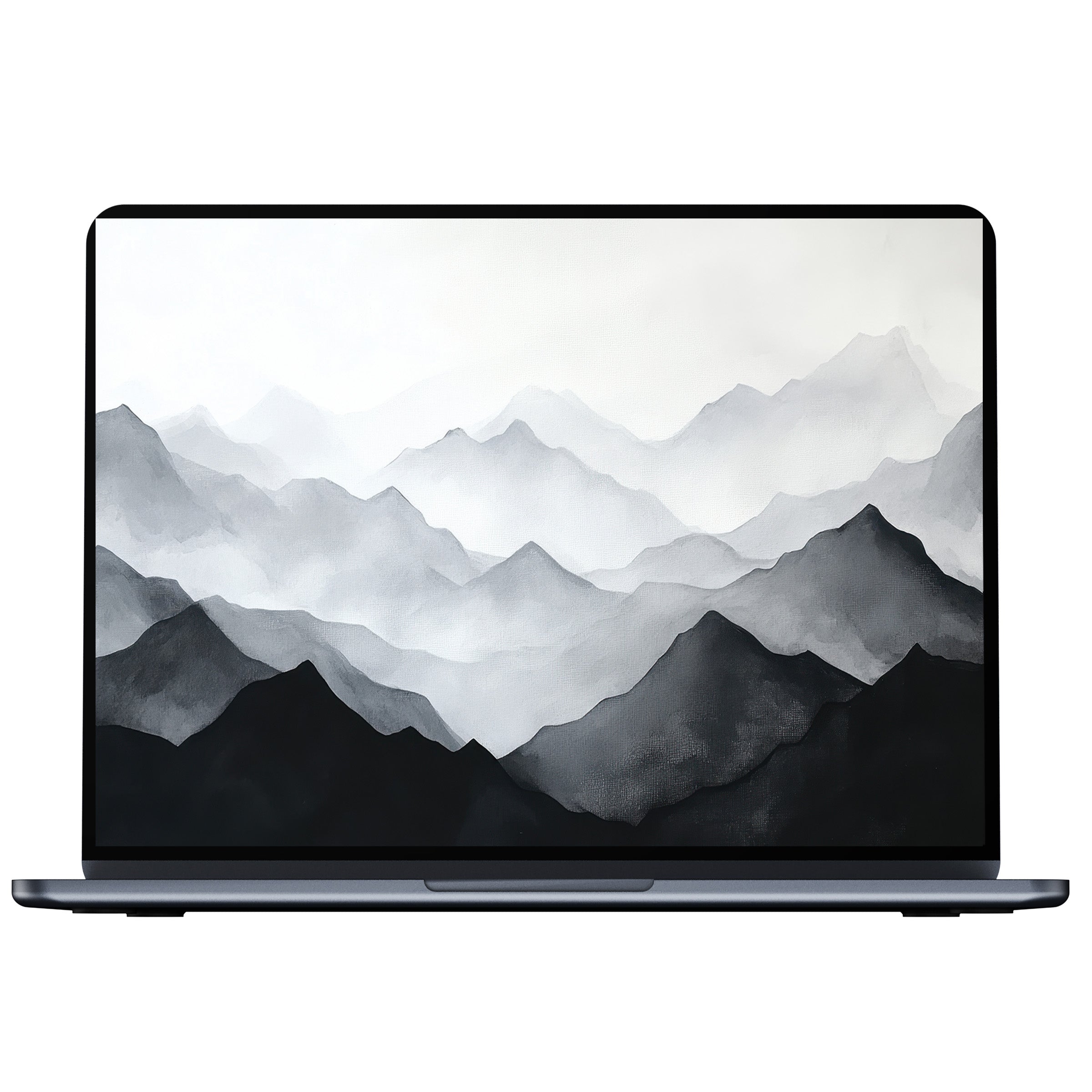 Serene mountain range in grayscale watercolor offers a calming modern desktop wallpaper for PC, laptop, Mac digital download