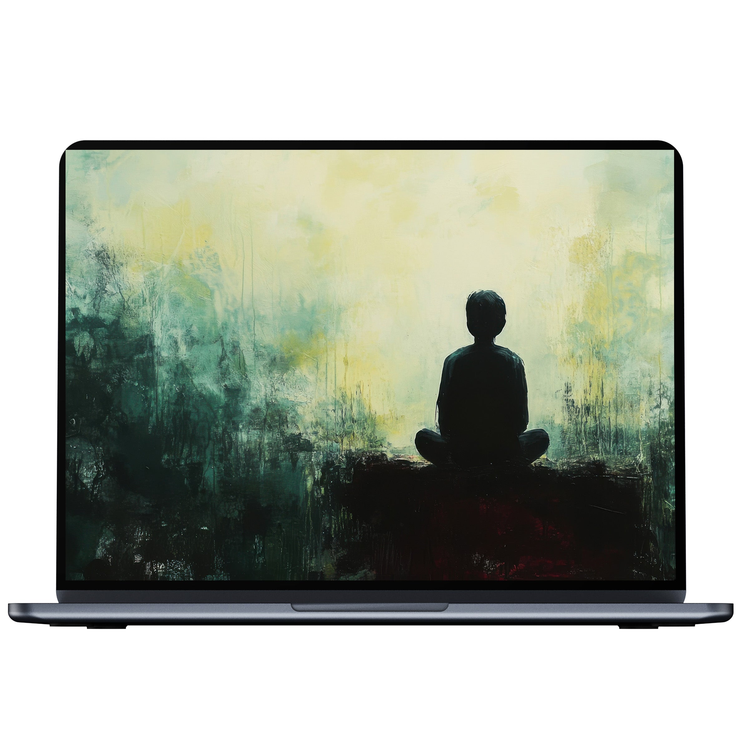 Elegant modern desktop wallpaper featuring a serene figure in meditation amidst calming green hues perfect for PC and laptop download