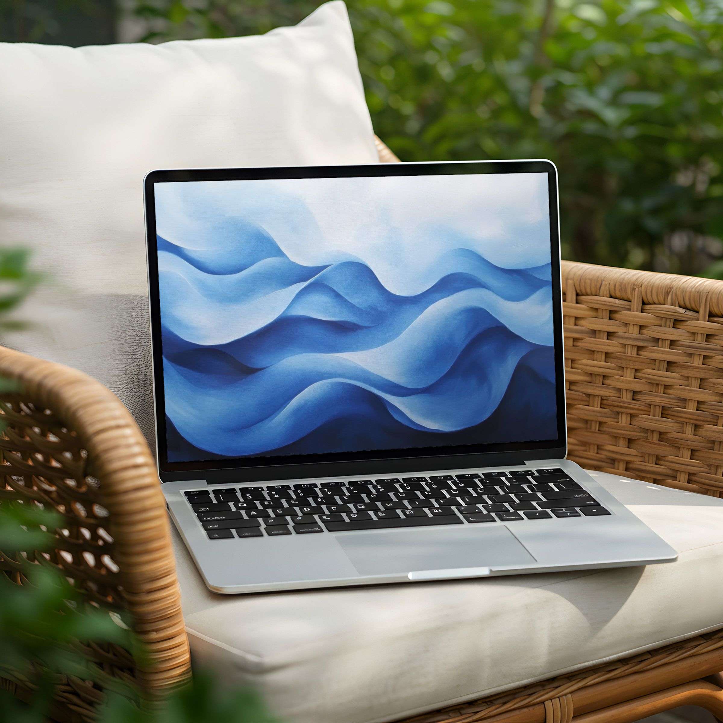 Elegant blue wave digital art as a desktop background for PC or Laptop instant download for calm and mindful inspiration