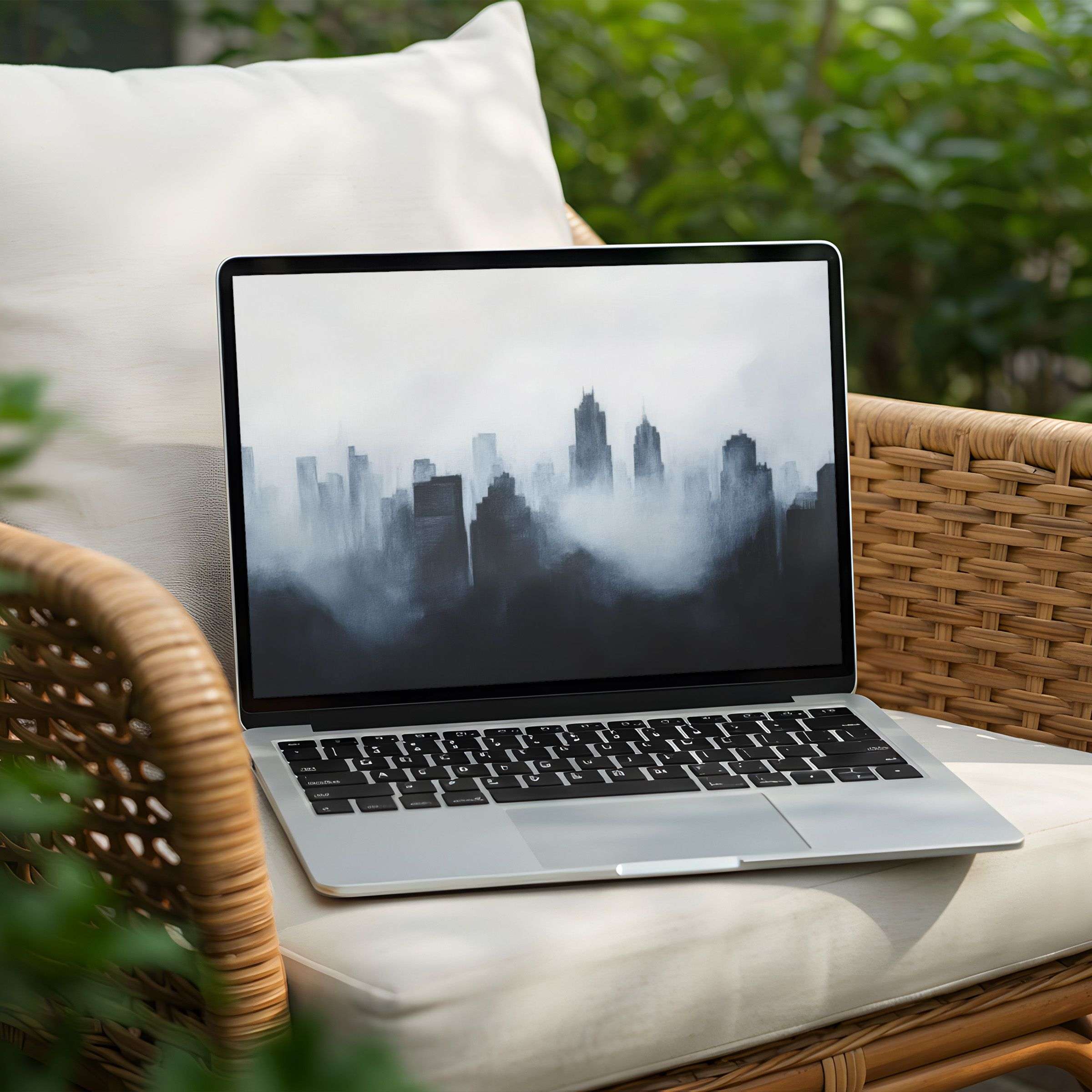 Misty cityscape desktop background for PC or laptop instant download evokes elegance and calm for mindful inspiration