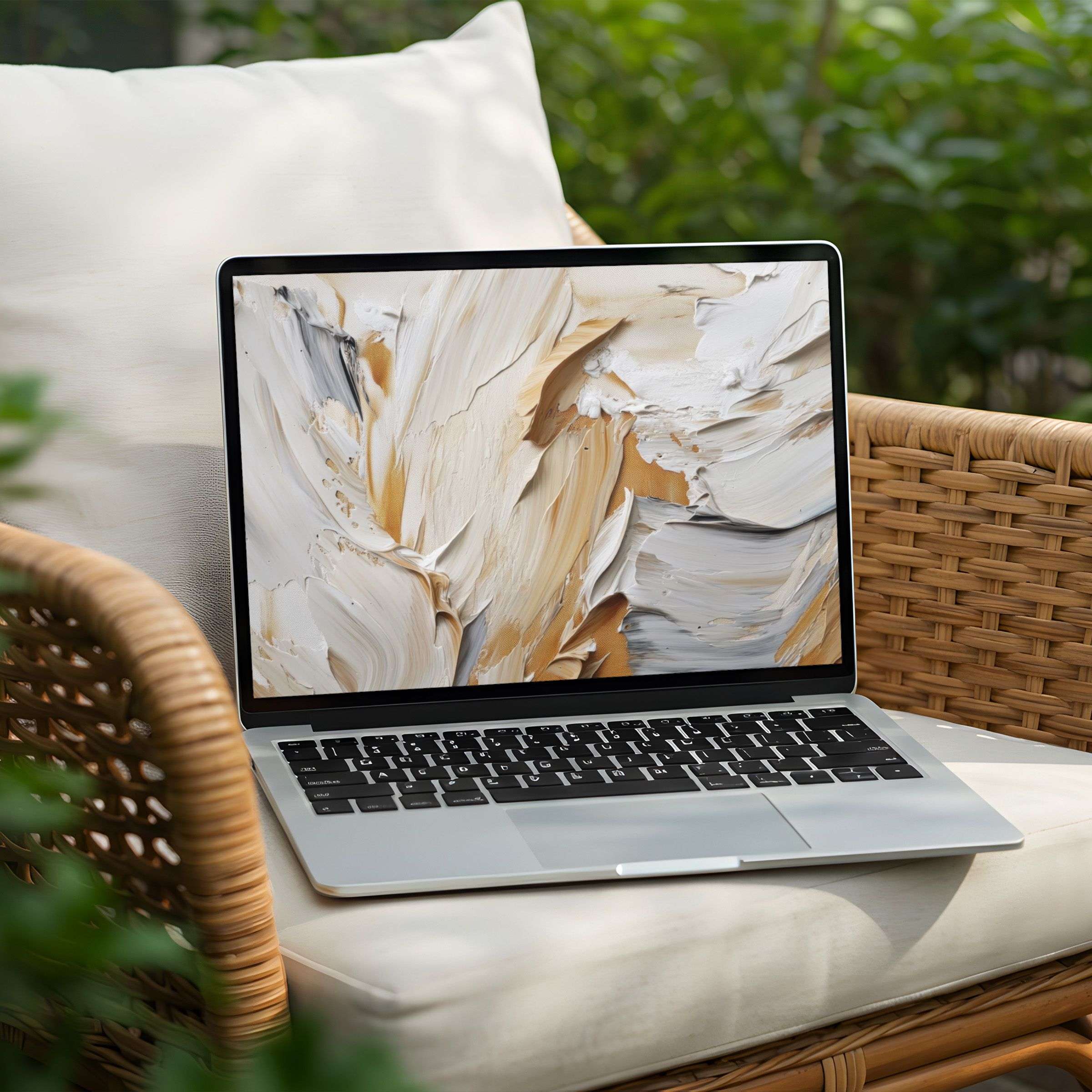 Elegant abstract desktop background on a Laptop in a serene garden setting, available for instant download to inspire PC users