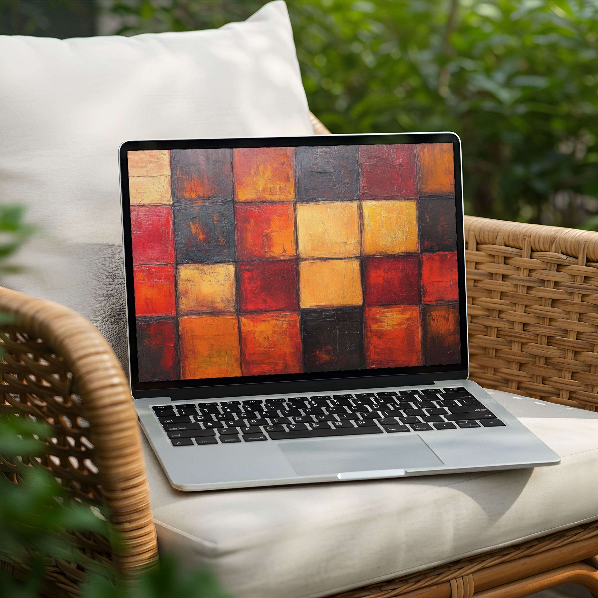 Elegant abstract desktop background featuring warm red and gold squares for instant download on PC or Laptop bringing calm inspiration
