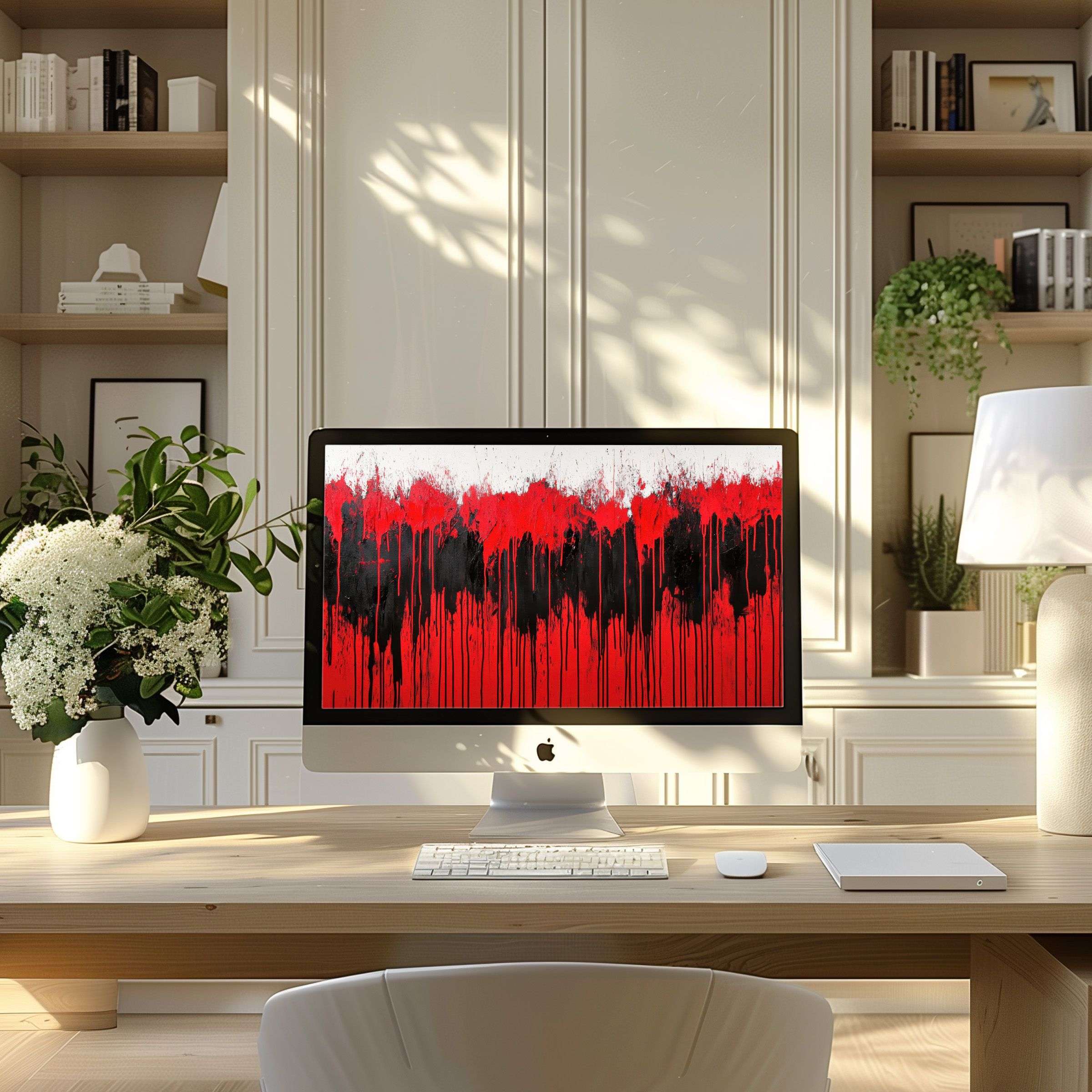 Vibrant red and black abstract art as wallpaper for computer and Laptop in a serene modern home office, perfect for PC display