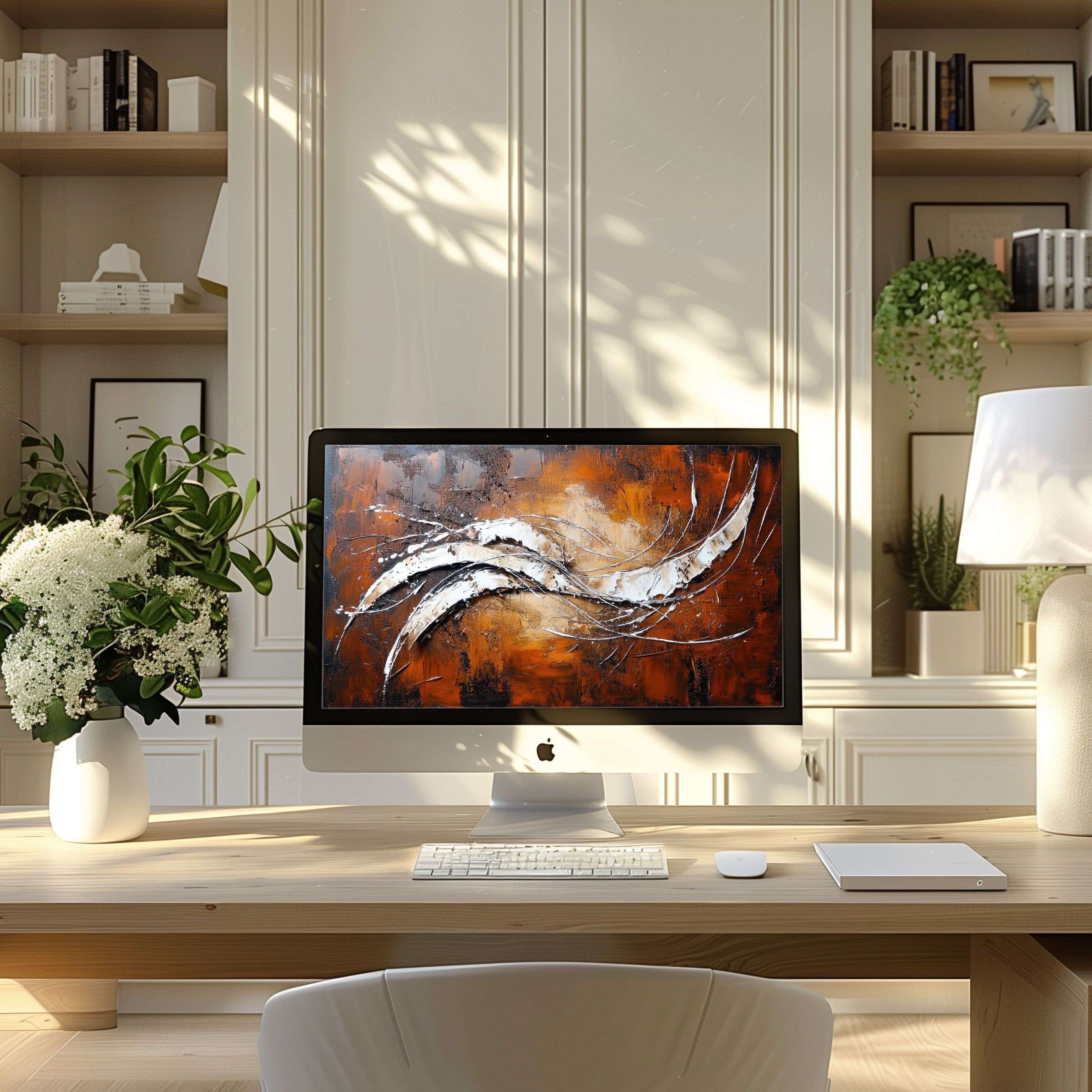 Elegant abstract art in warm tones enhances your PC or laptop wallpaper for a serene and inspiring modern home office ambiance