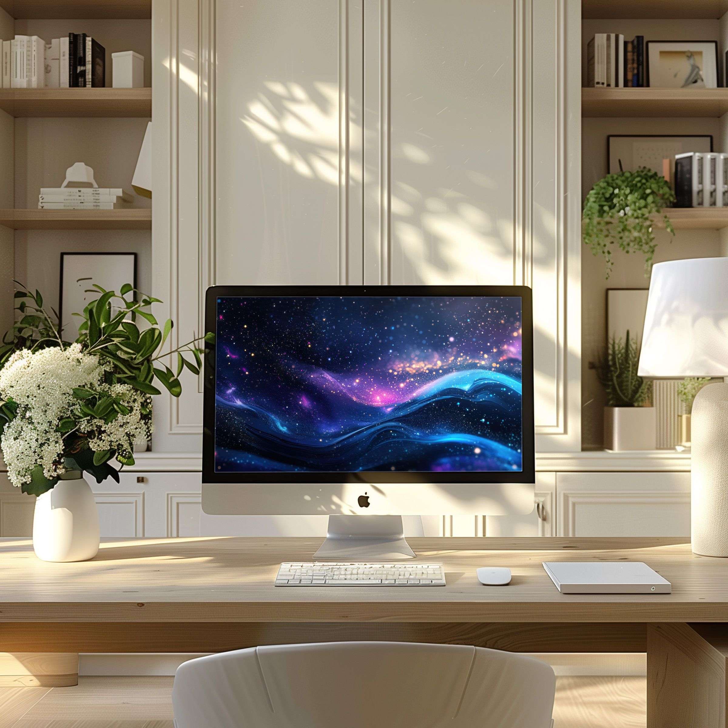 Elegant cosmic digital art wallpaper for computer inspires calm and fits PC or Laptop in a modern, serene home office setting