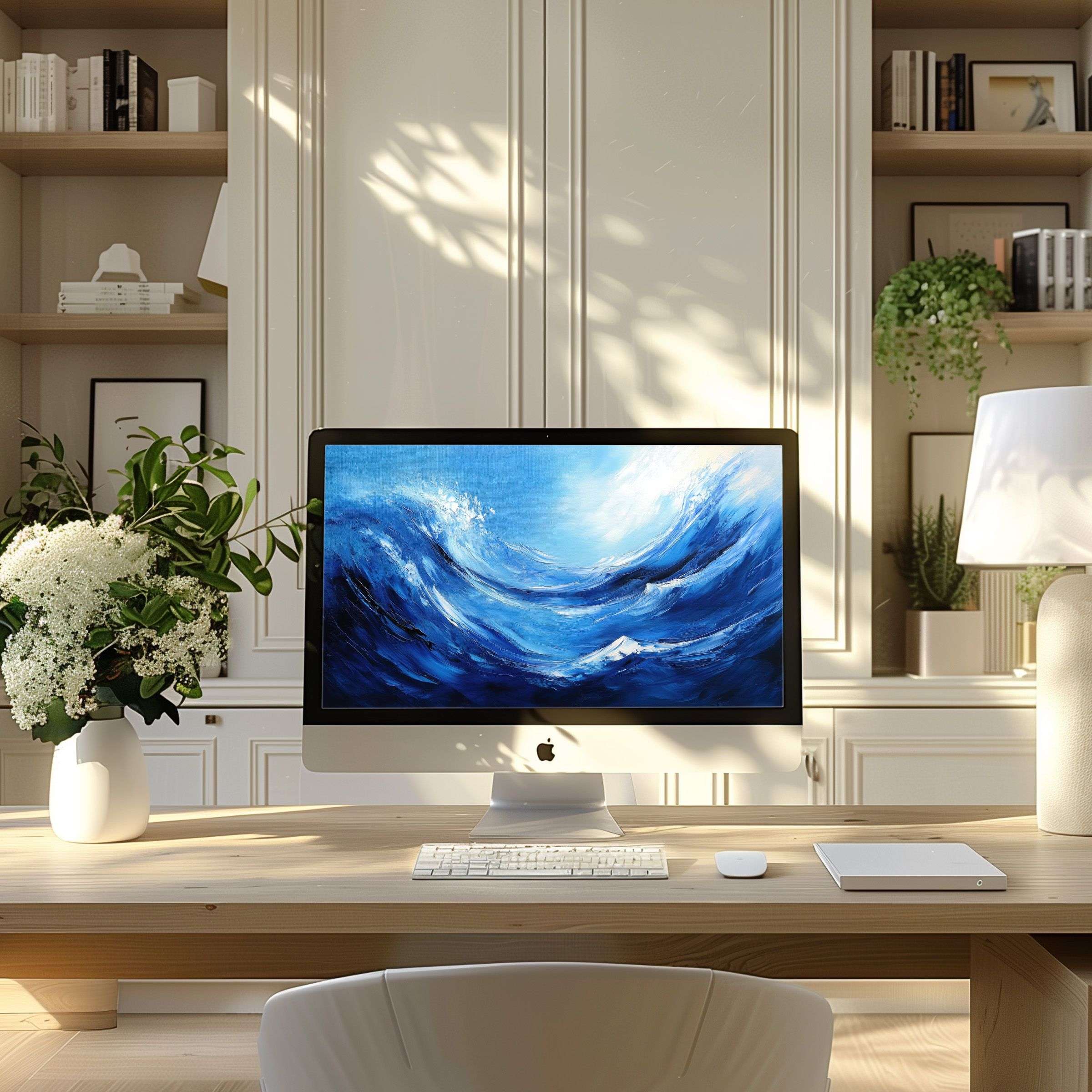 Elegant wave-themed wallpaper for computer brings calm and inspiration to your modern home office suitable for PC or laptop use