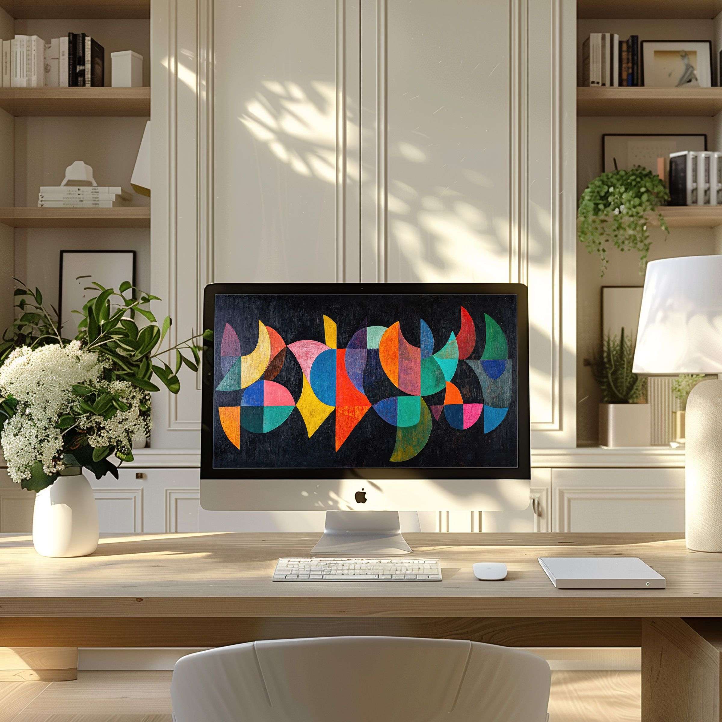 Modern abstract art with colorful geometric shapes on a monitor, perfect wallpaper for computer, PC or laptop, inspiring home office