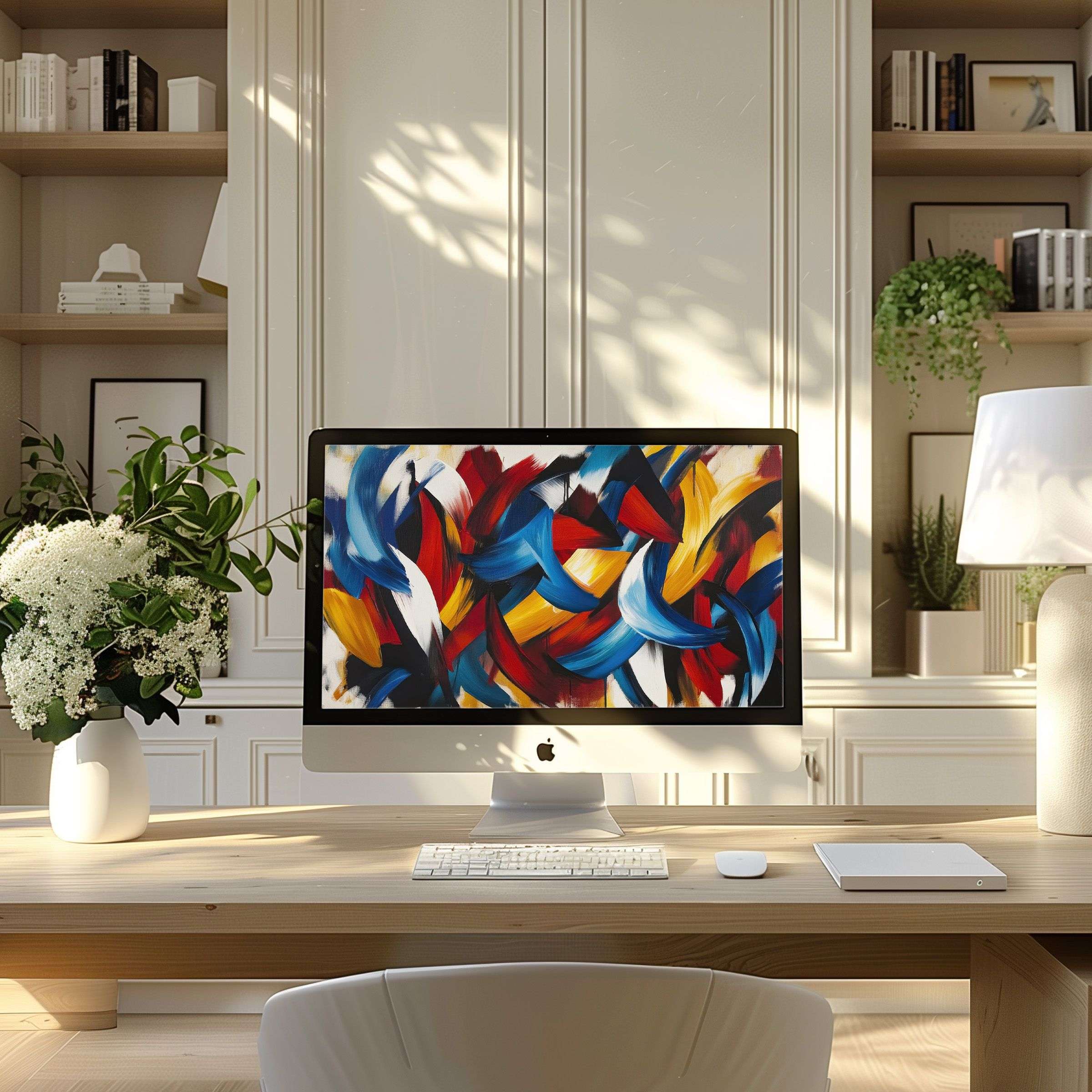 Vibrant abstract art wallpaper for computer adds elegance to a modern home office, fitting PC, laptop, ultrawide screens for calm inspiration
