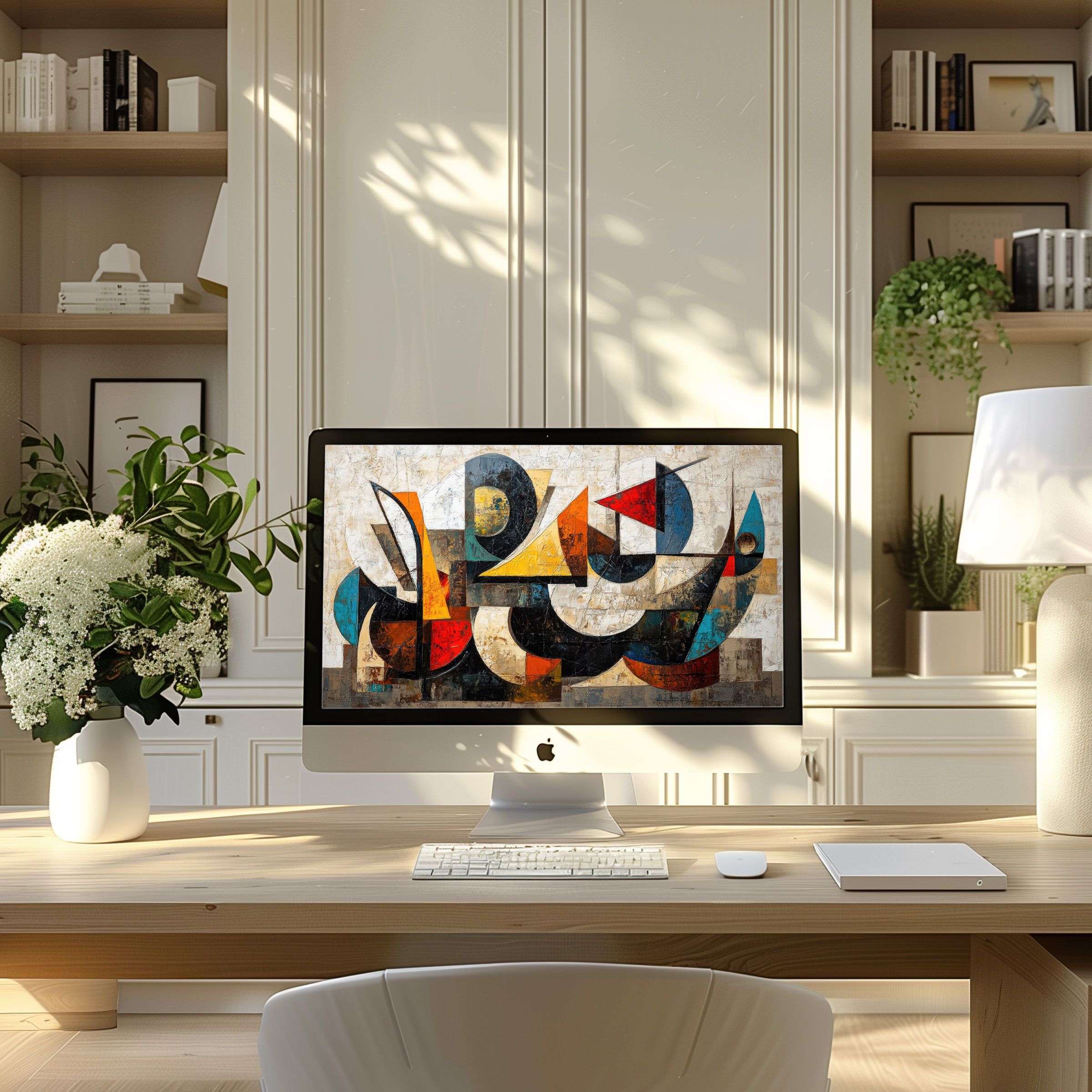 Abstract geometric artwork wallpaper for computer adds calm elegance to a modern office desk for PC or laptop use