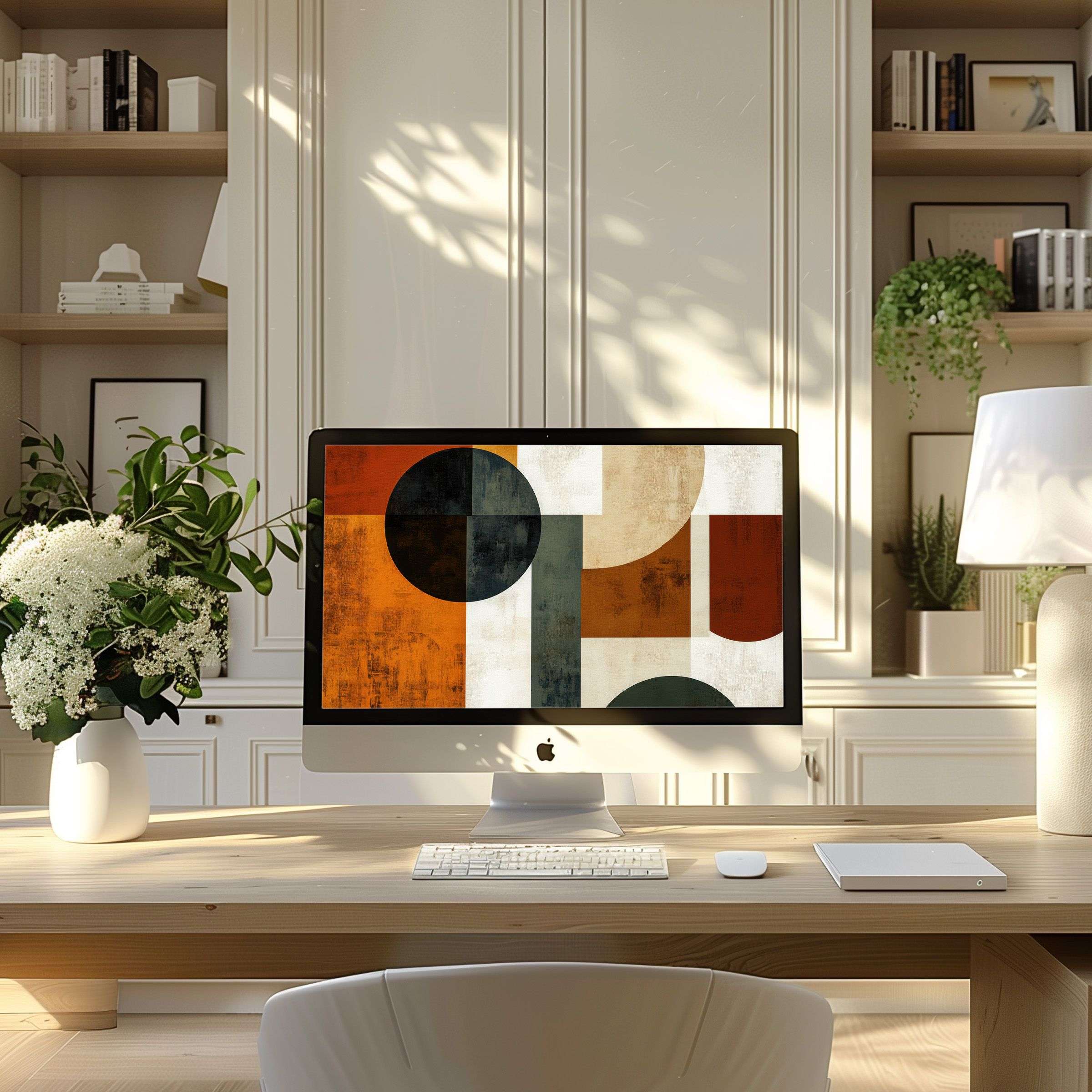 Elegant geometric art-inspired wallpaper for computer enriches modern home office ambiance; fits PC, laptop, and digital download