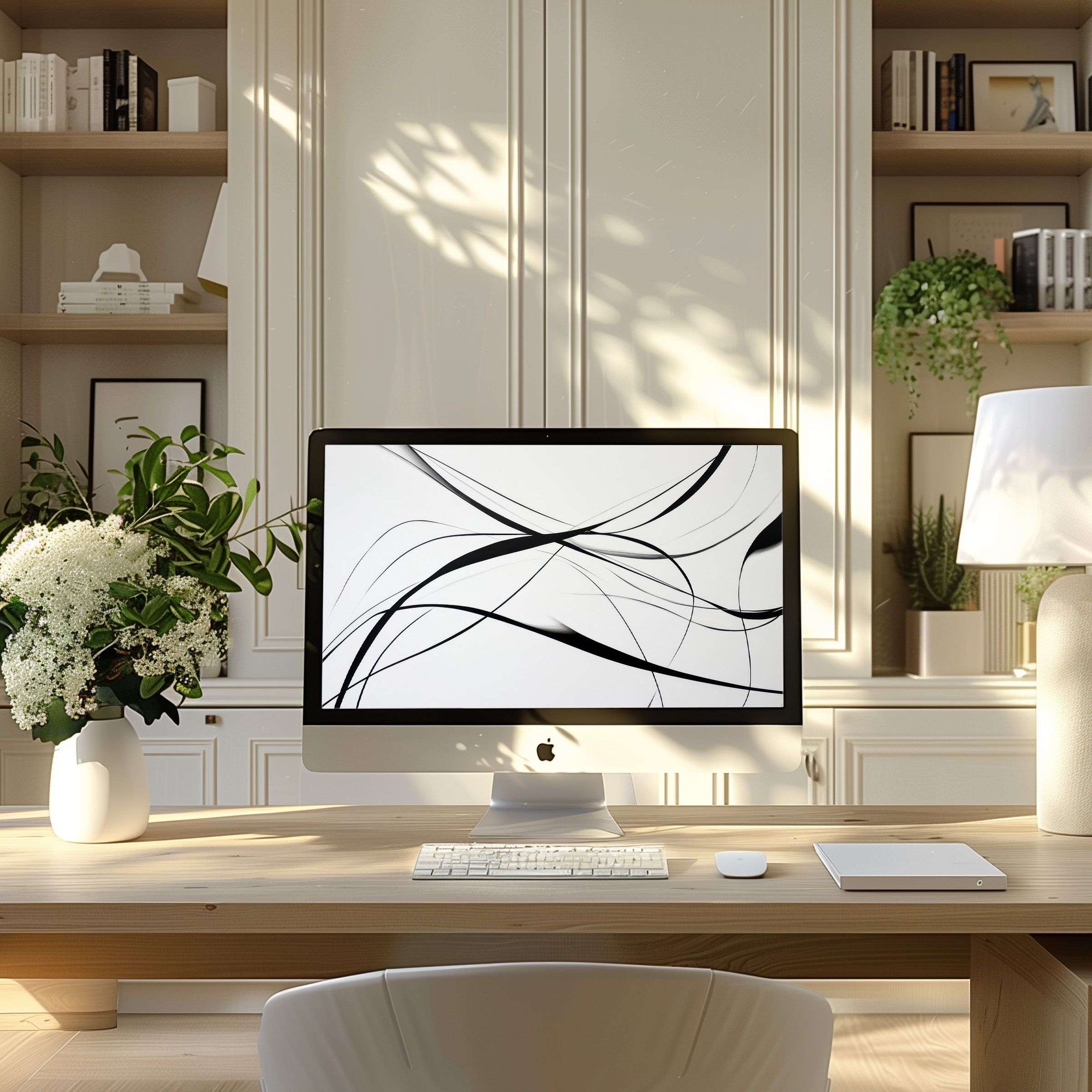 Elegant abstract lines in black and white enhance a serene modern office, ideal wallpaper for computer, PC, or laptop download