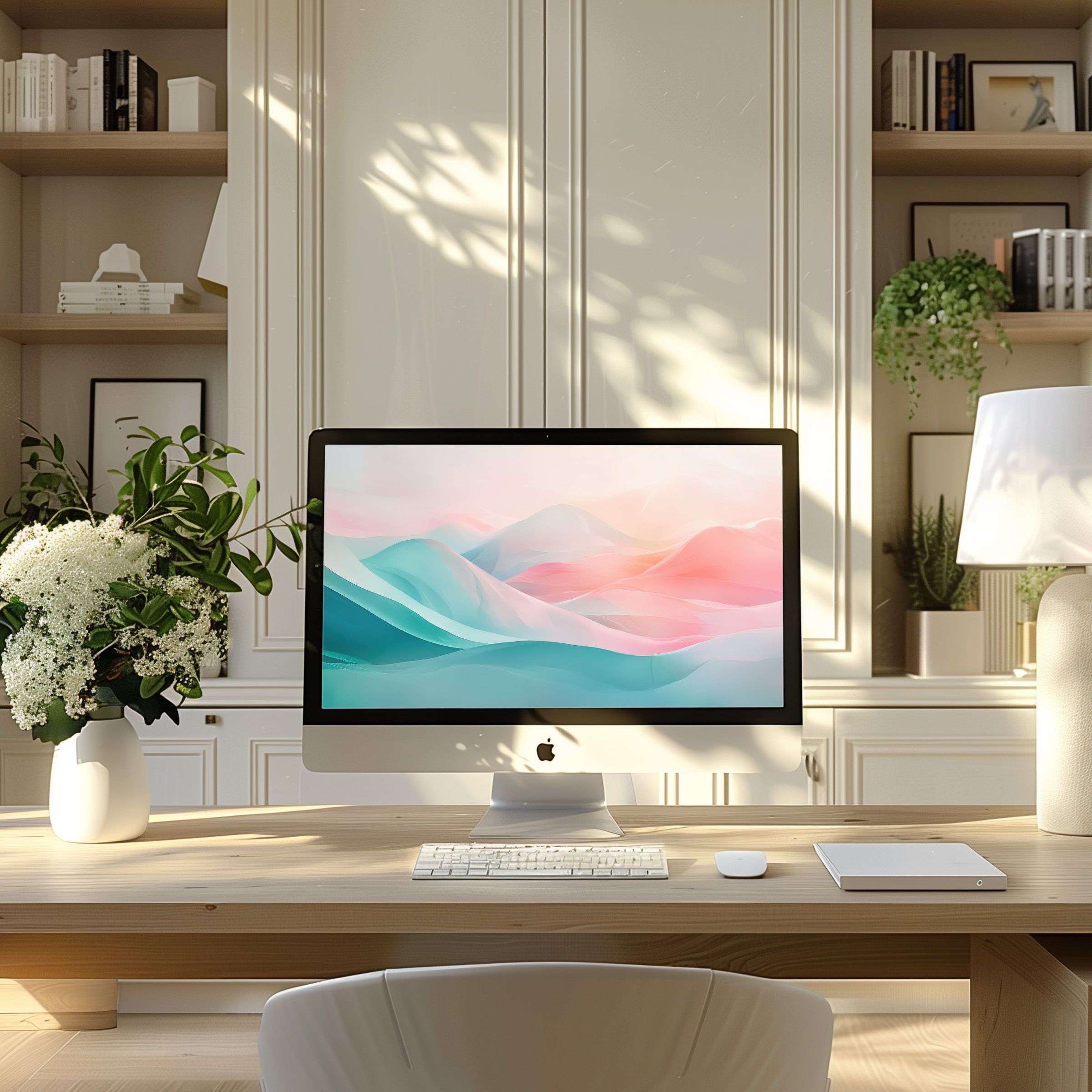 Elegant pastel waves wallpaper for computer creating a calming ambiance in a modern PC and Laptop-friendly home office space