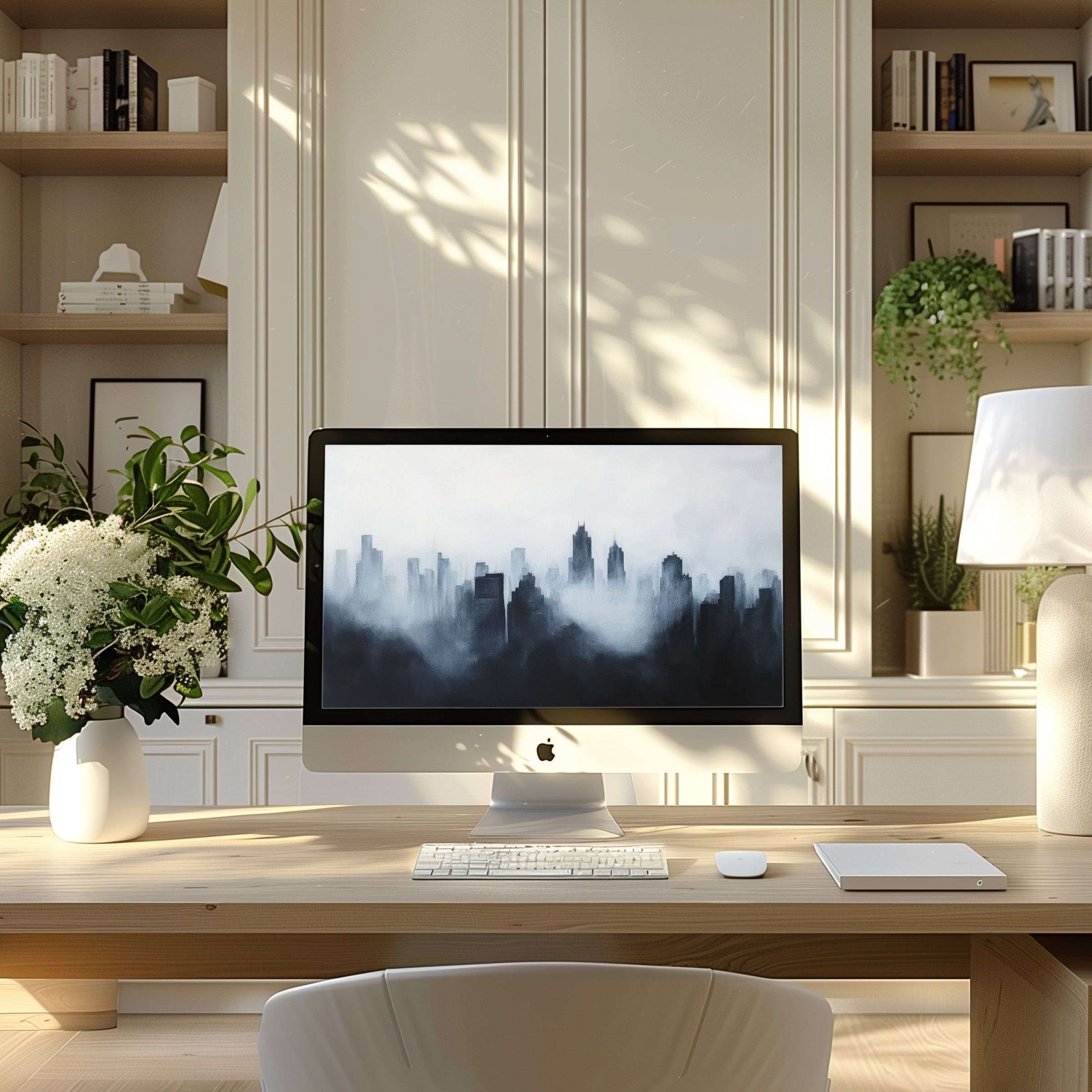 Elegant cityscape wallpaper for computer offering calm inspiration in a serene modern office setting for PC and laptop use