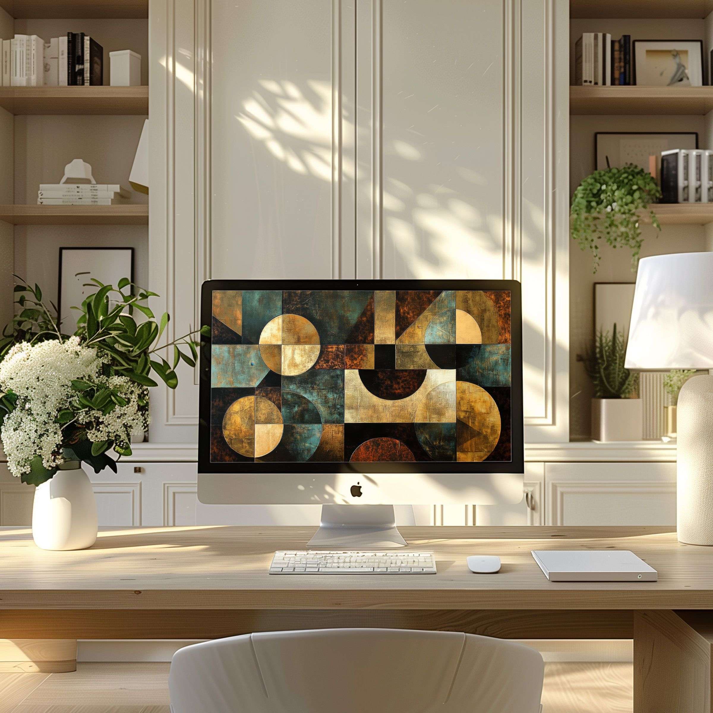 Elegant geometric digital art featuring muted golds and blues, perfect wallpaper for computer, PC, or laptop in modern home office