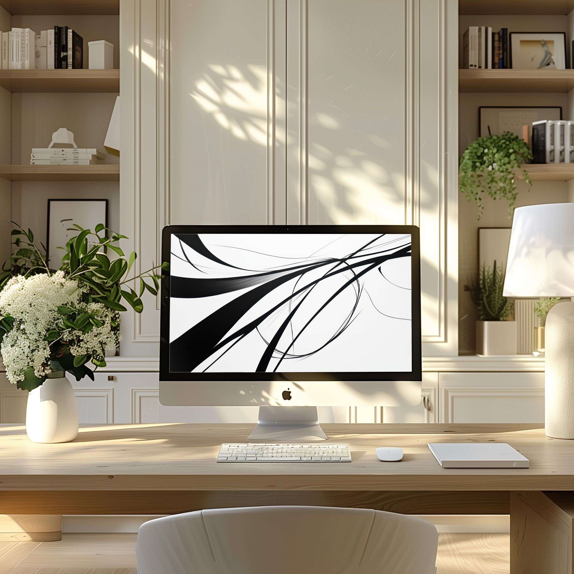 Elegant black-and-white abstract wallpaper for computer in modern home office, perfect for PC, laptop, ultrawide download