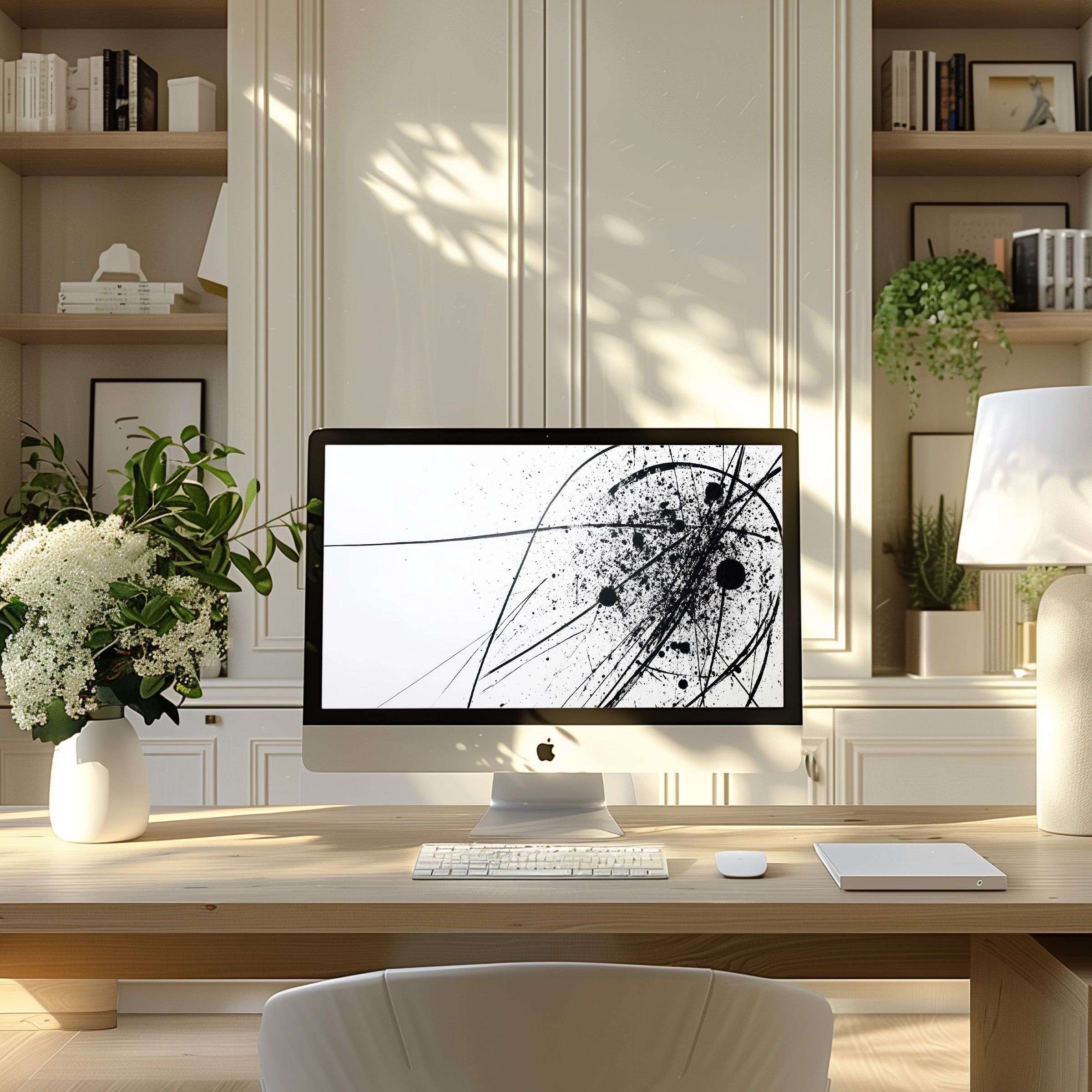 Elegant black and white abstract art wallpaper for computer, PC, or laptop inspires calm and style in a modern home office setting
