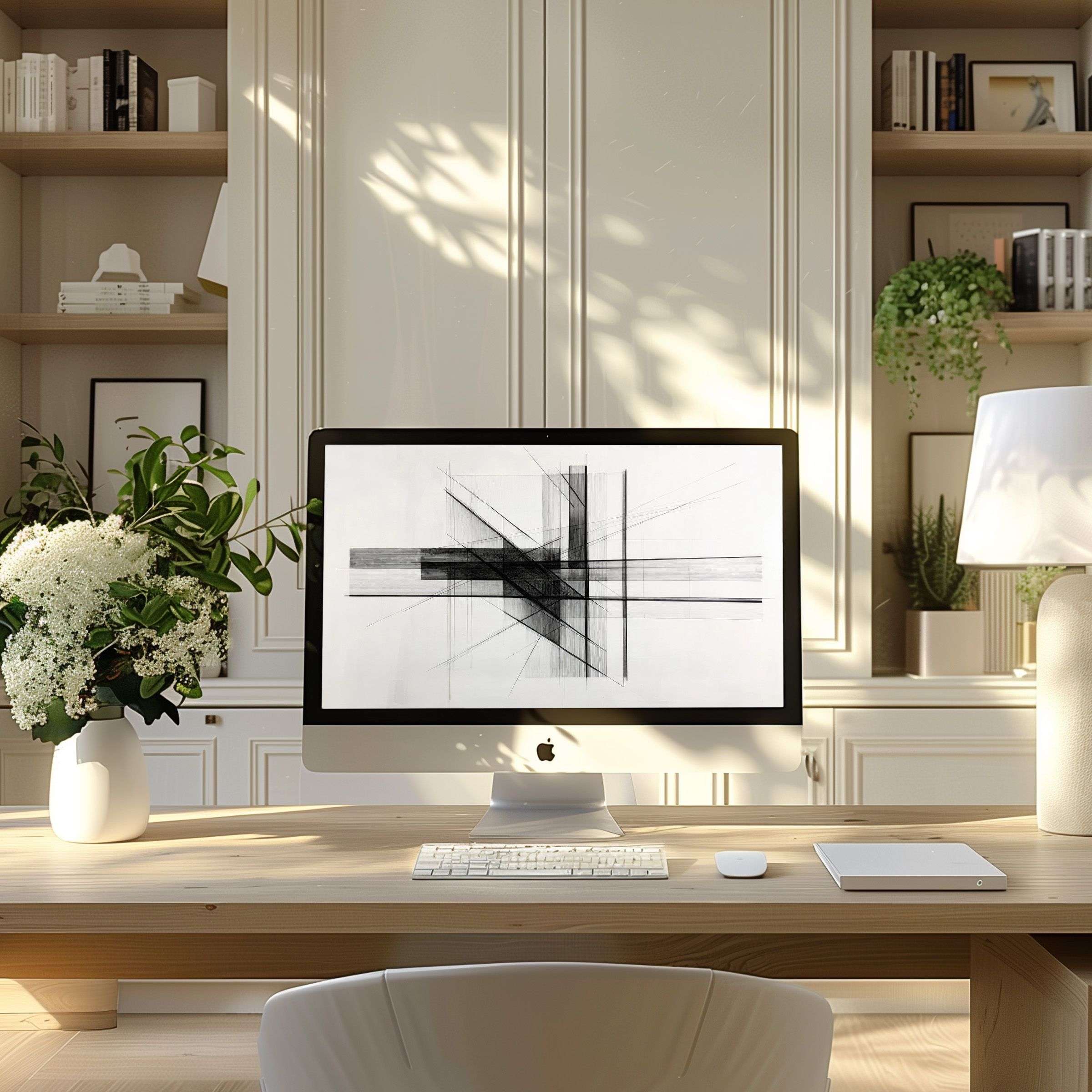 Elegant abstract art in grayscale, perfect wallpaper for computer, PC, and laptop in a modern home office inspires calm and focus