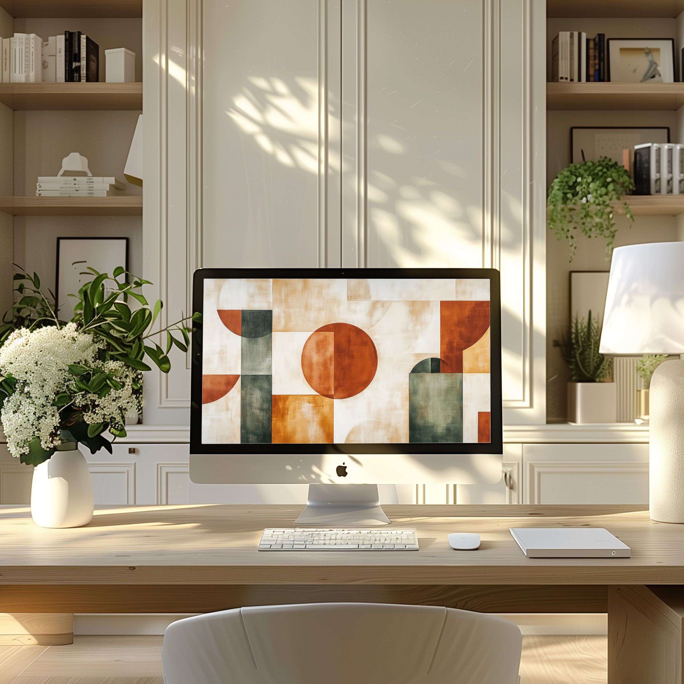 Elegant abstract art wallpaper for computer enhances modern home office, inspiring calm and fitting PC, laptop, ultrawide screens