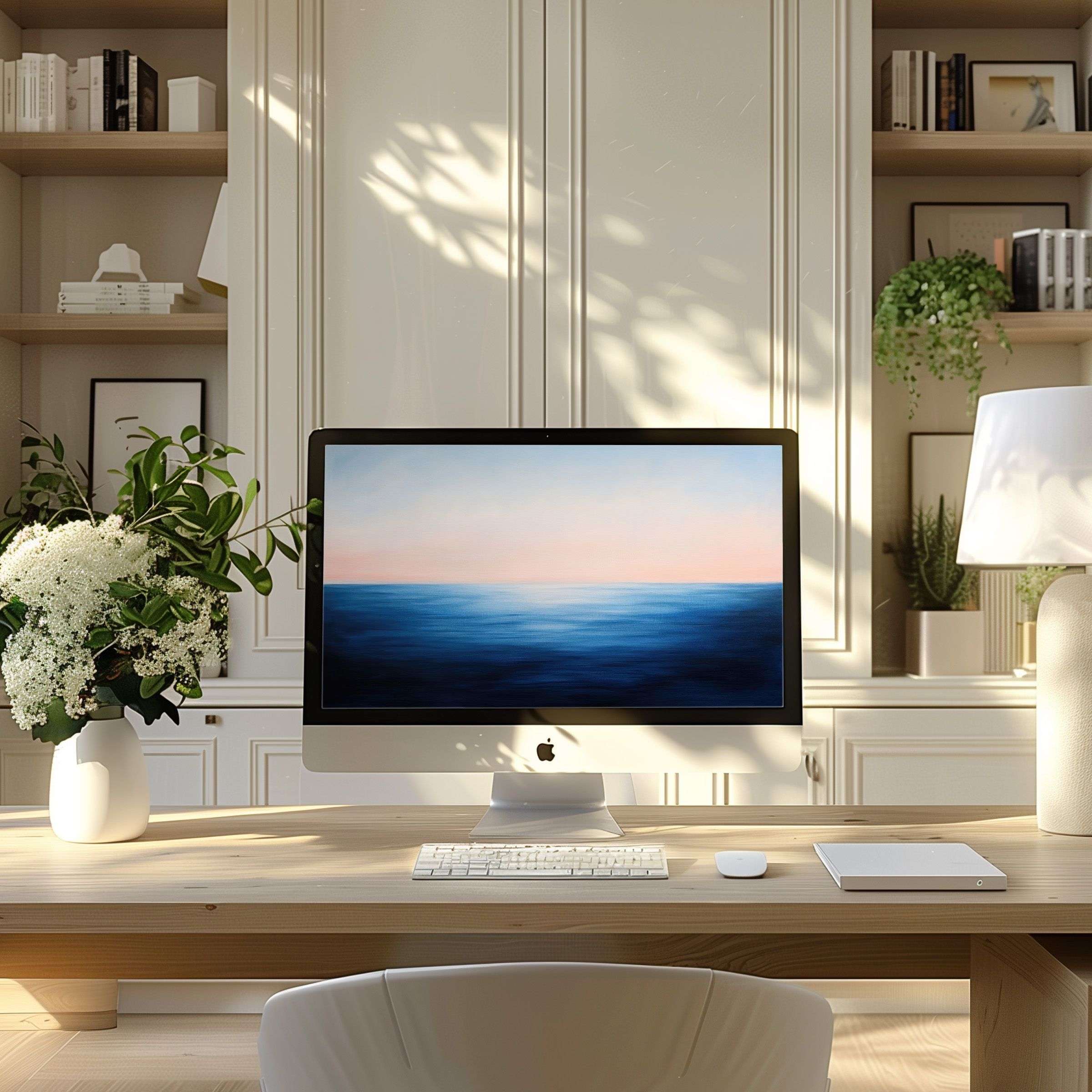 Inspiring sunset seascape wallpaper for computer fits any PC or laptop, enhancing calm in modern home office interiors