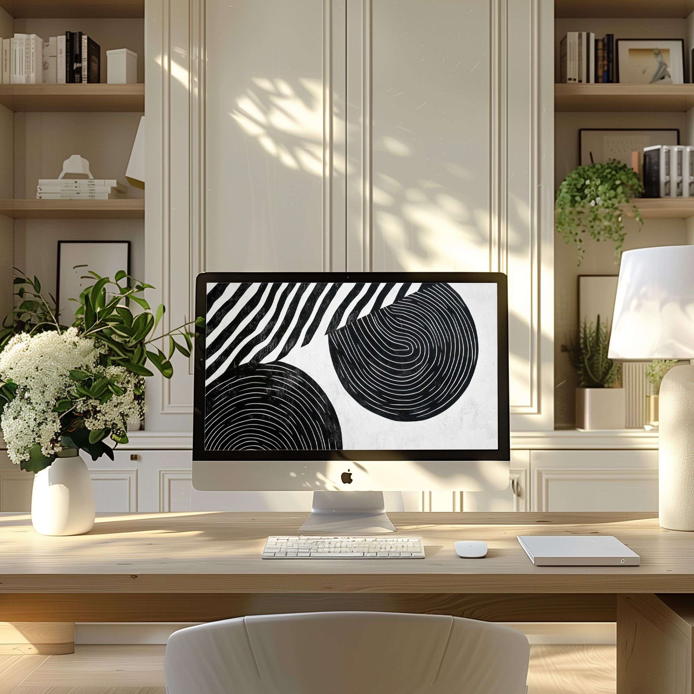 Elegant abstract black and white wallpaper for computer, PC, and laptop, inspiring calm in a modern home office setting