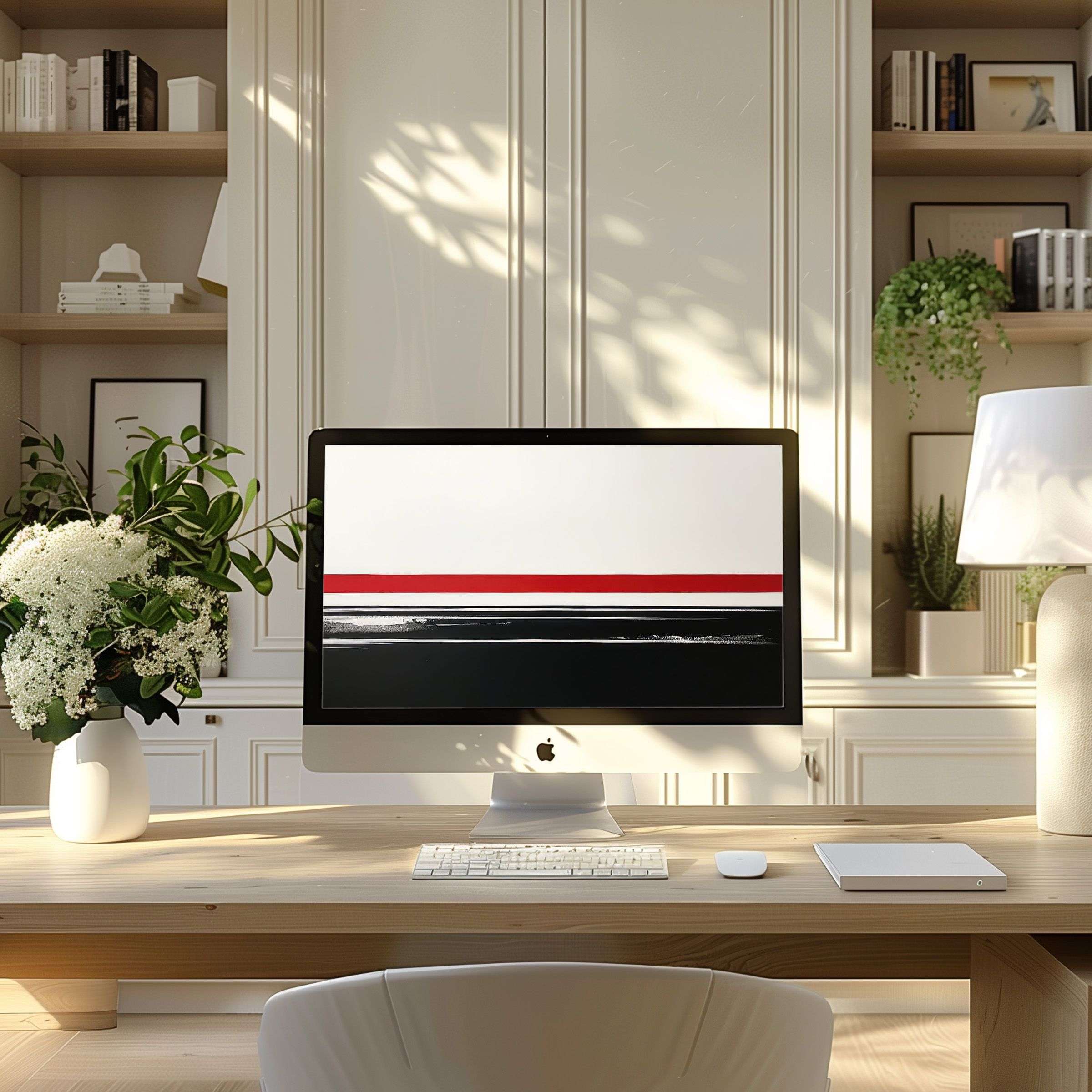 Elegant digital art in black, white, and red enhances modern home office calm; ideal wallpaper for computer, PC, or laptop download