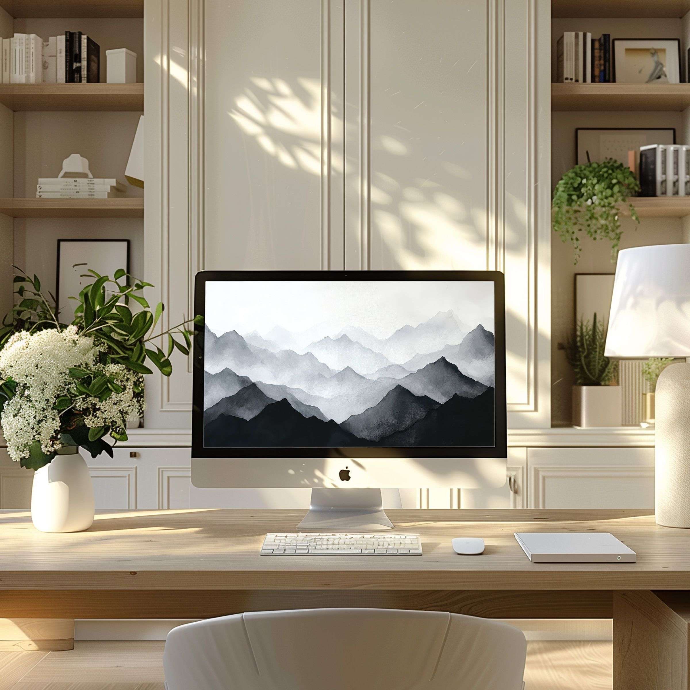 Elegant grayscale mountain wallpaper for computer and laptop in a serene, modern home office setting inspires calm and fits PC