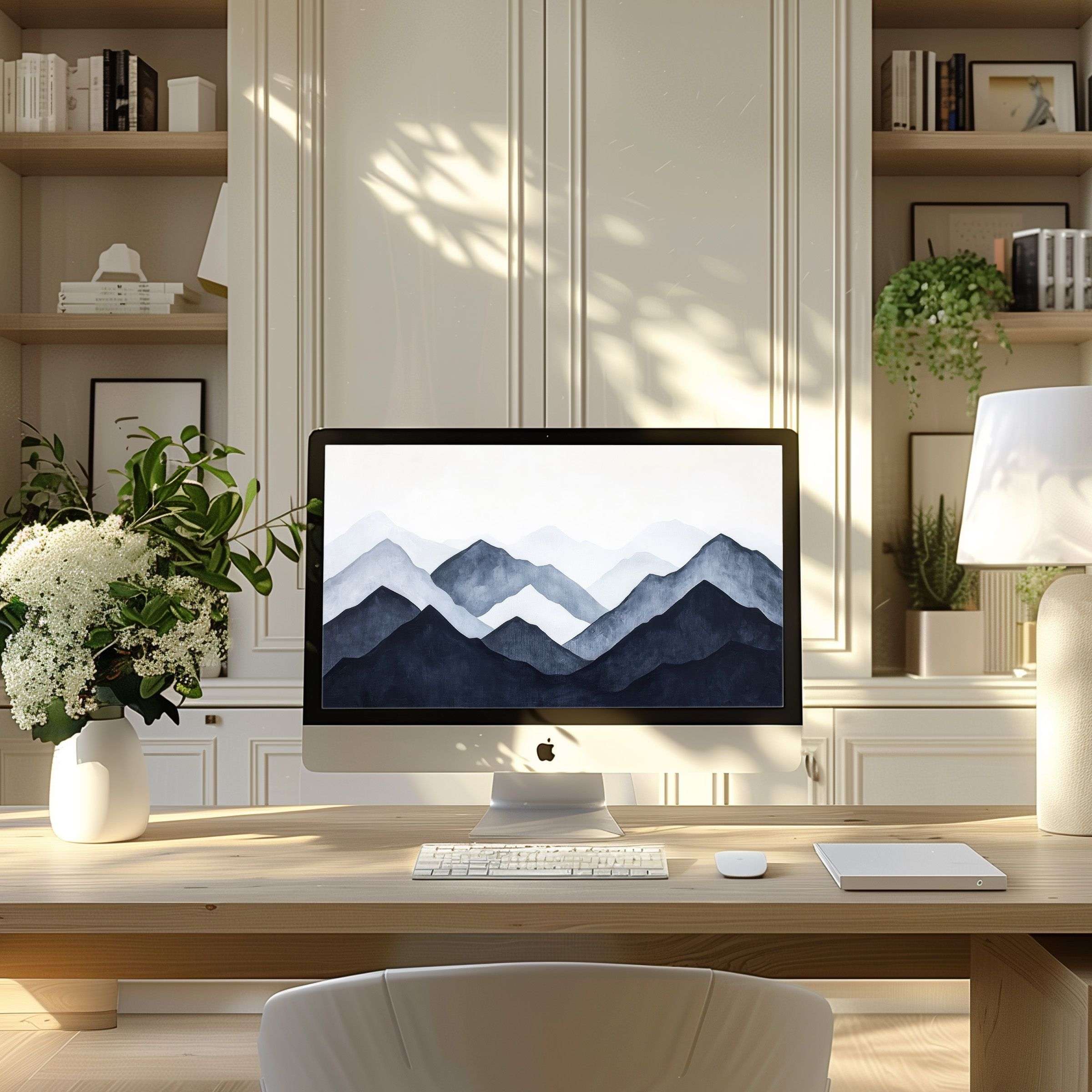 Serene mountain wallpaper for computer brings calm elegance to modern home office desk fits PC laptop ultrawide digital download
