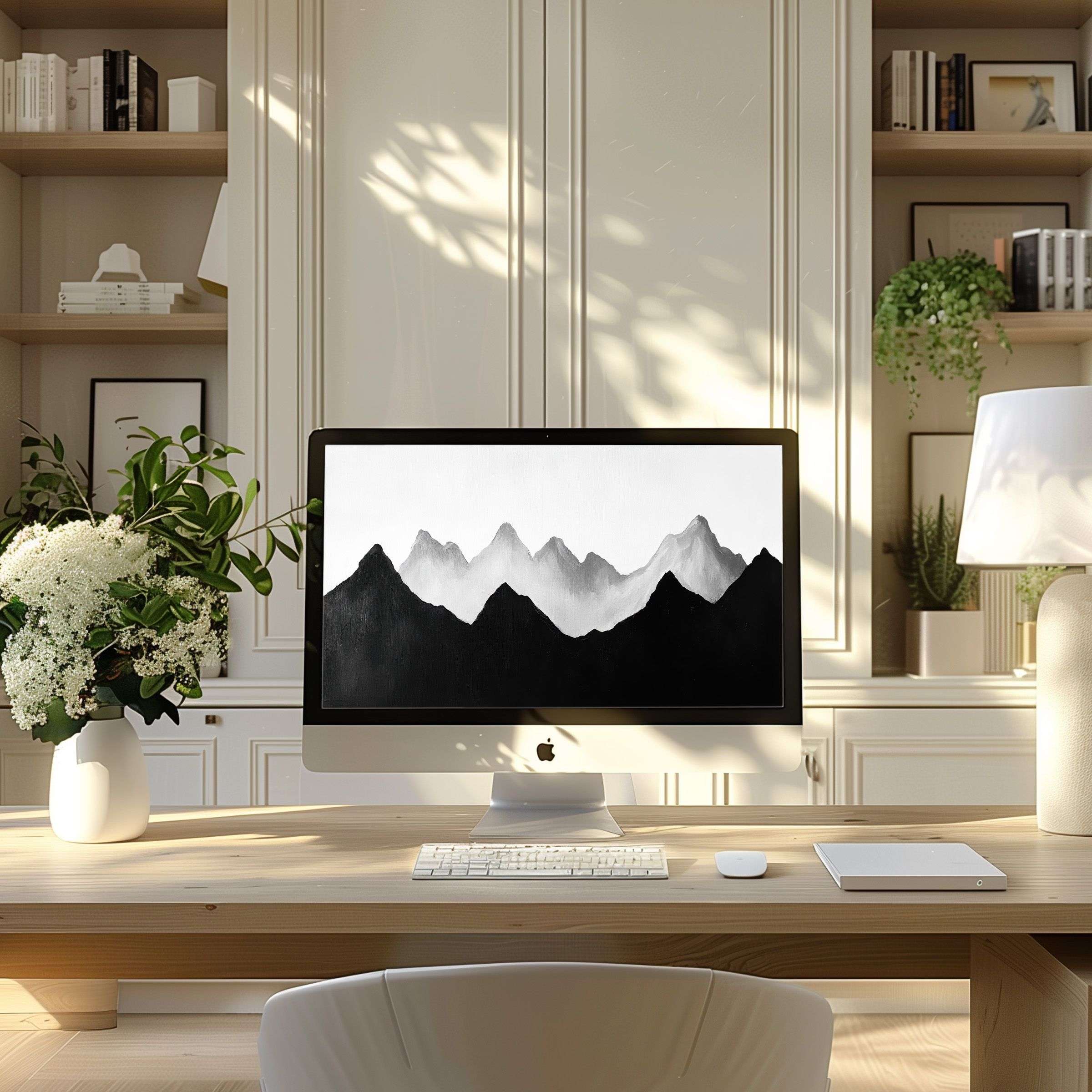 Elegant black and white mountain wallpaper for computer enhances a modern home office with calm inspiration for PC and Laptop downloads
