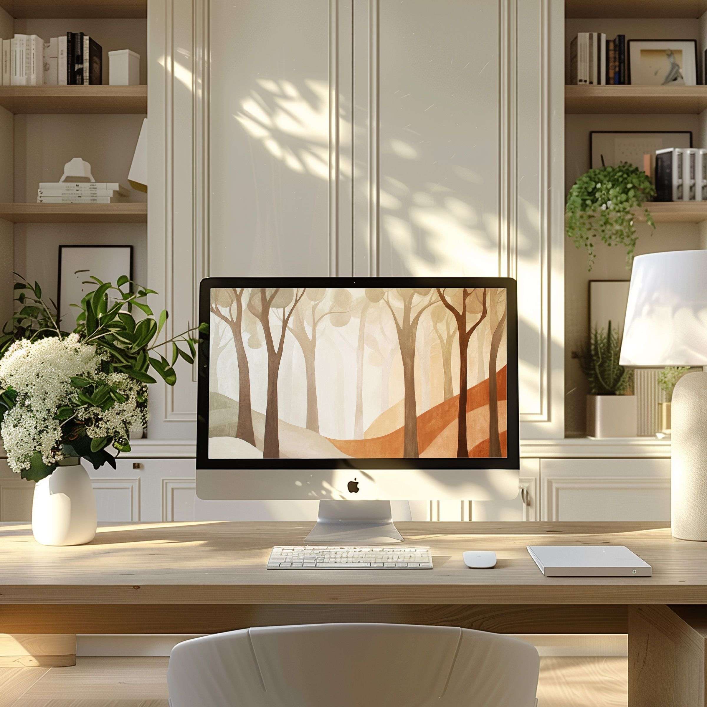 Elegant forest motif wallpaper for computer in earthy tones enhances a modern home office, inspiring calm on PC, laptop, and ultrawide