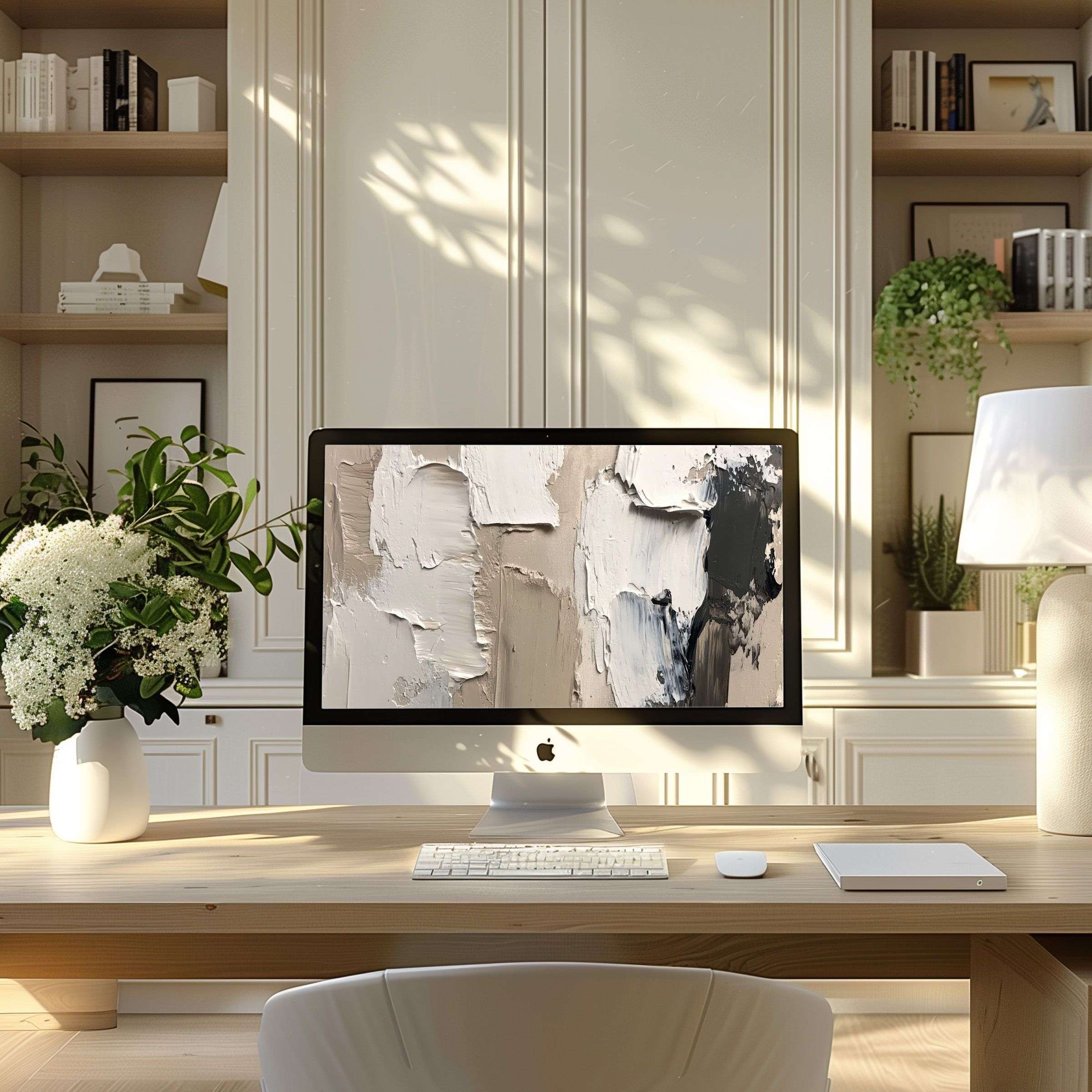 Elegant abstract textures in neutral tones as wallpaper for computer, enhancing calm in a modern home office for PC or Laptop