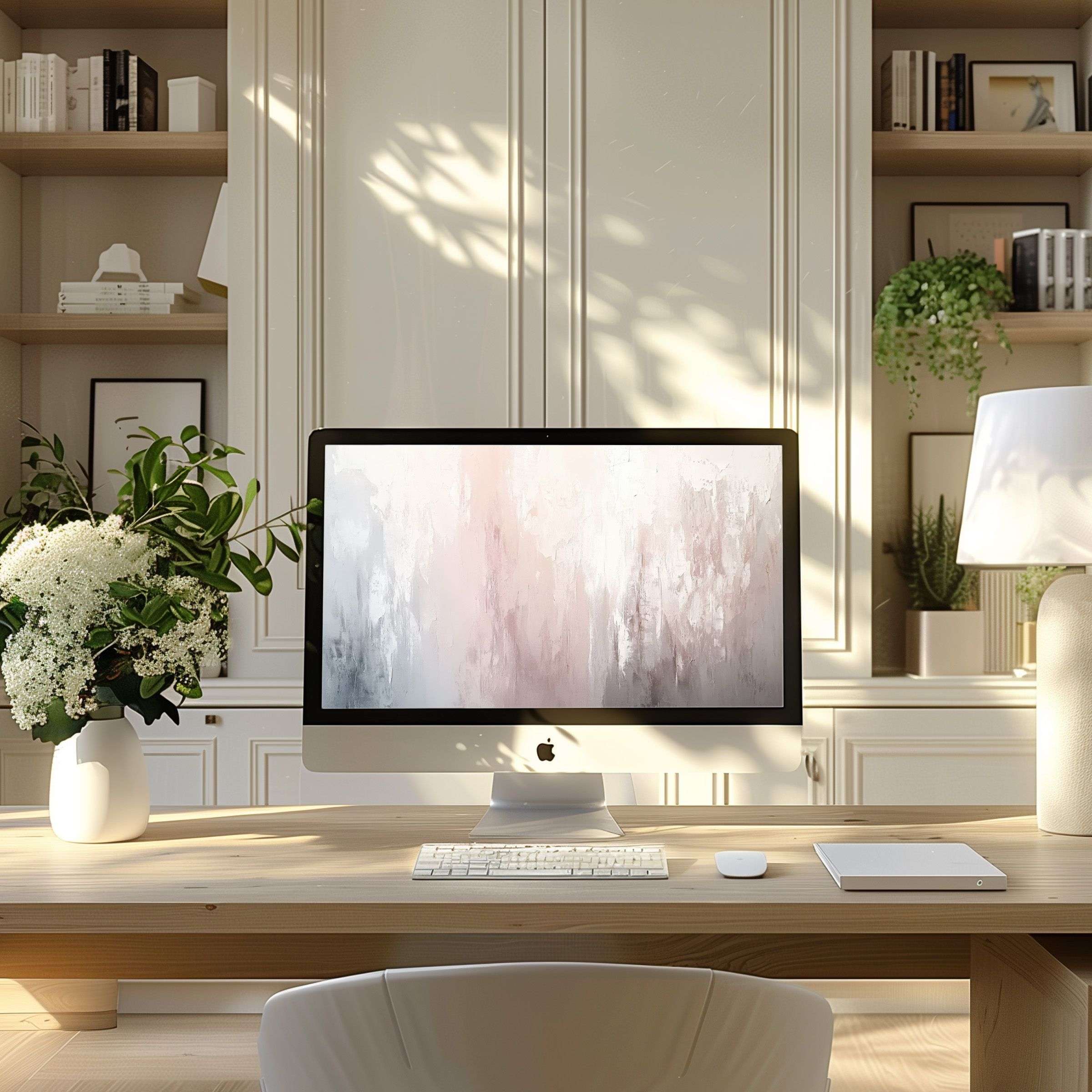 Elegant abstract pastel wallpaper for computer, PC, and laptop adds calm inspiration to modern home office settings, digital download