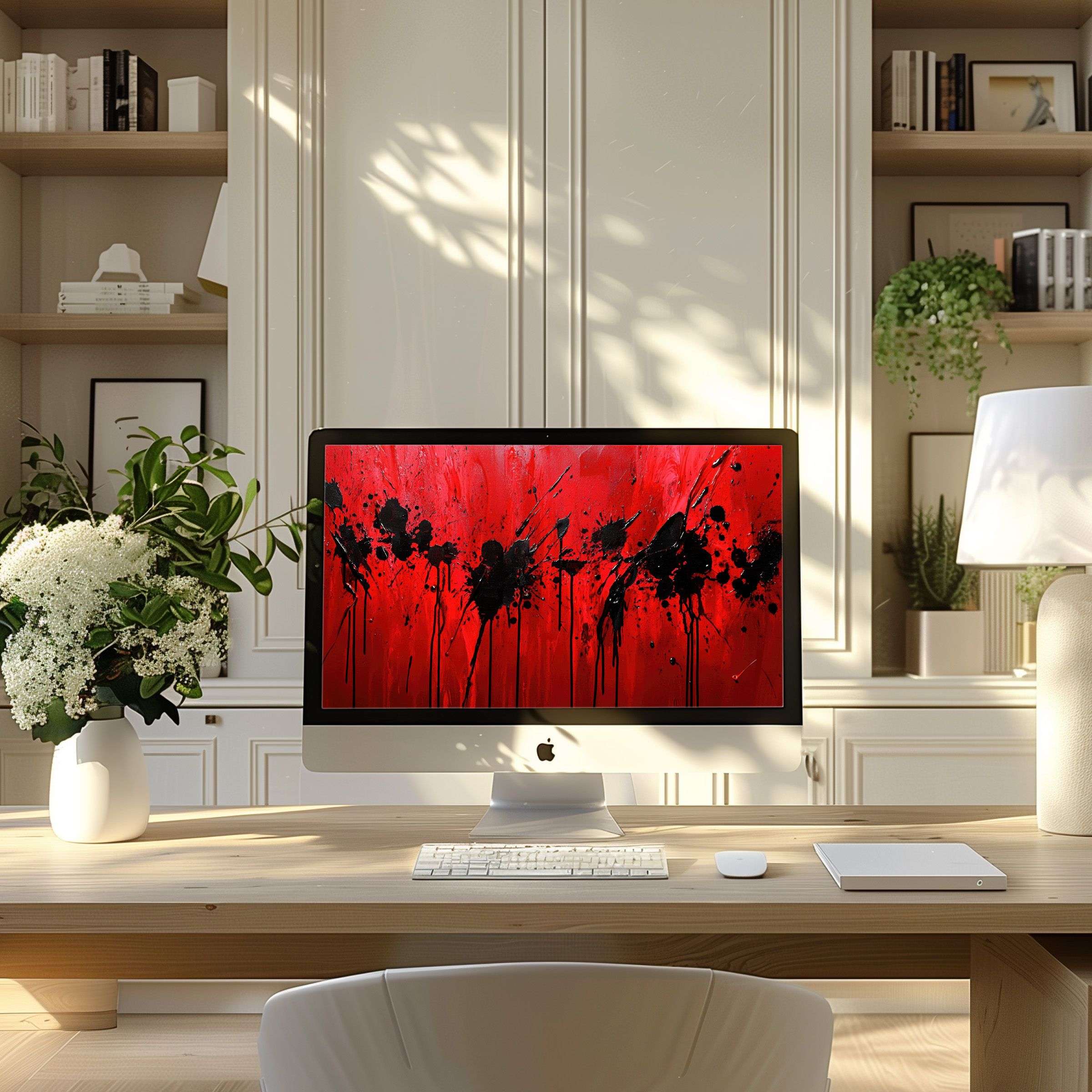 Vibrant abstract red and black motif wallpaper for computer inspires elegance in a modern home office setting for PC or Laptop