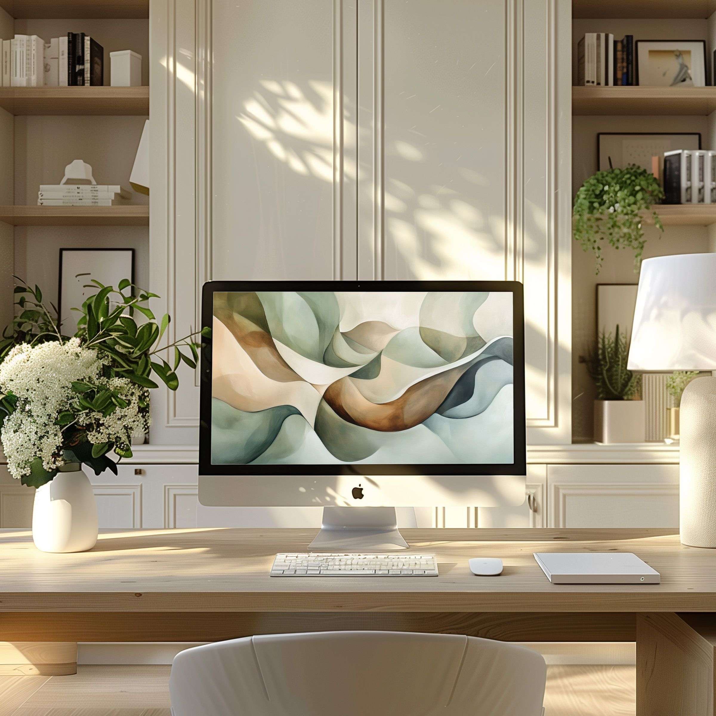 Elegant abstract art with calming earth tones enhances any modern home office, ideal wallpaper for computer, PC, or laptop