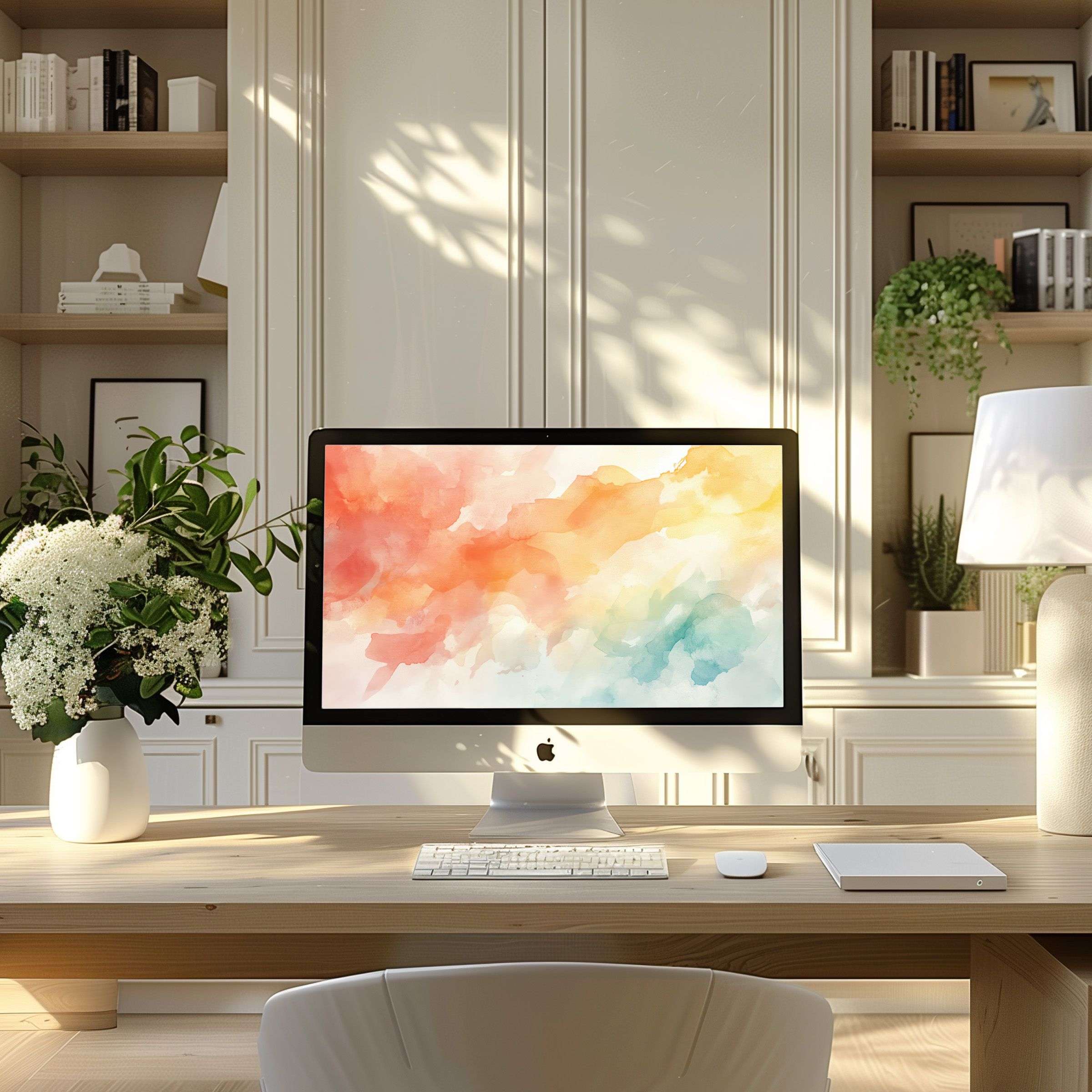 Elegant watercolor wallpaper for computer inspires calm in a modern home office, perfect for PC or laptop digital download