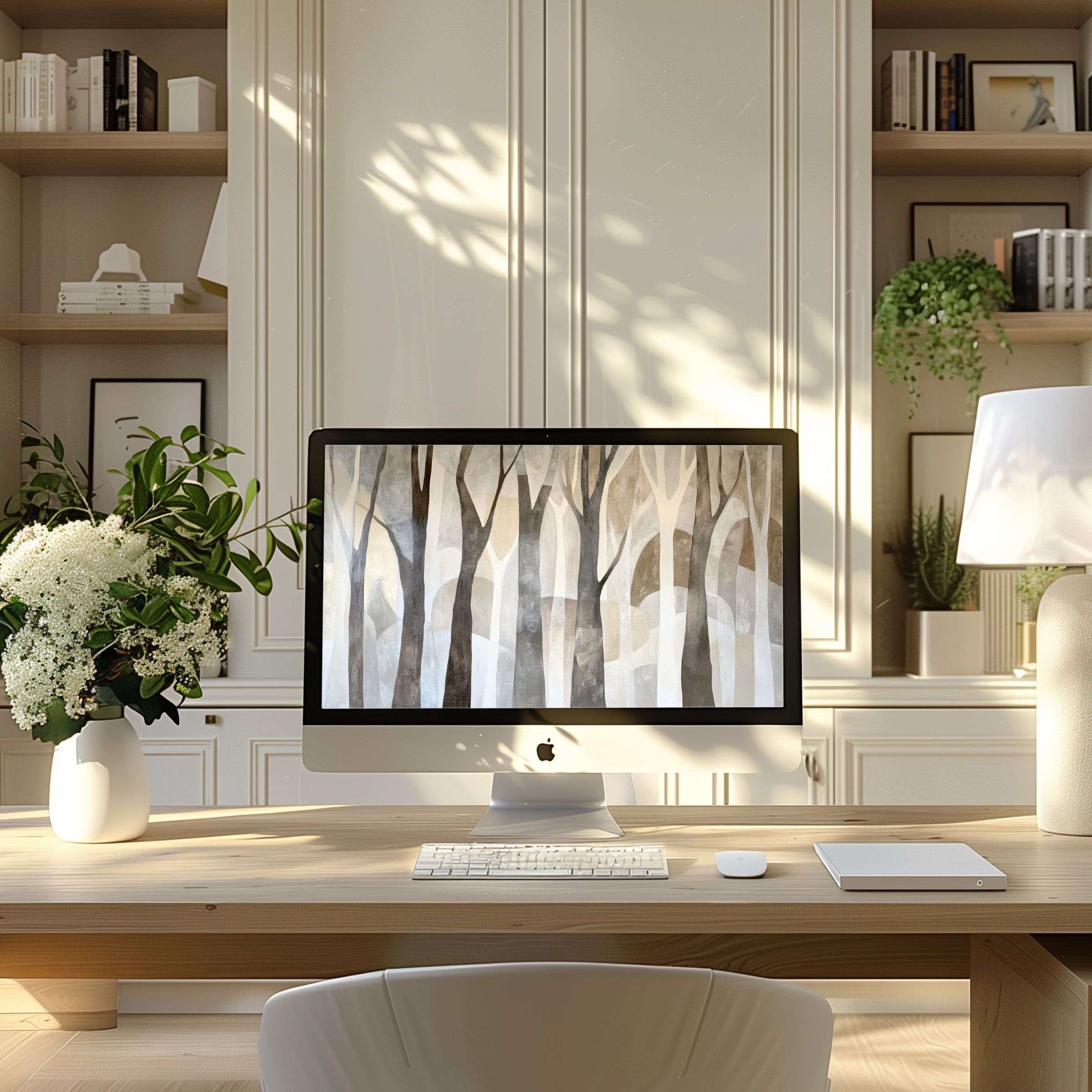 Serene forest digital art wallpaper for computer inspires calm, ideal for PC or laptop in an elegant modern home office setup