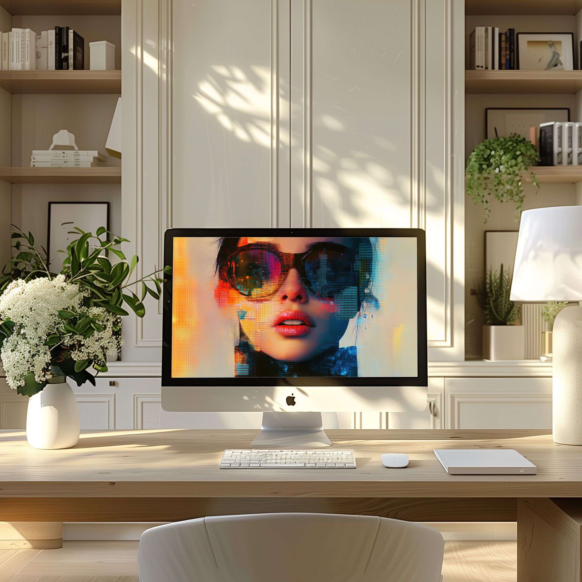 Vibrant digital art wallpaper for computer enhancing a modern home office desk with PC laptop setup inspiring calm elegance