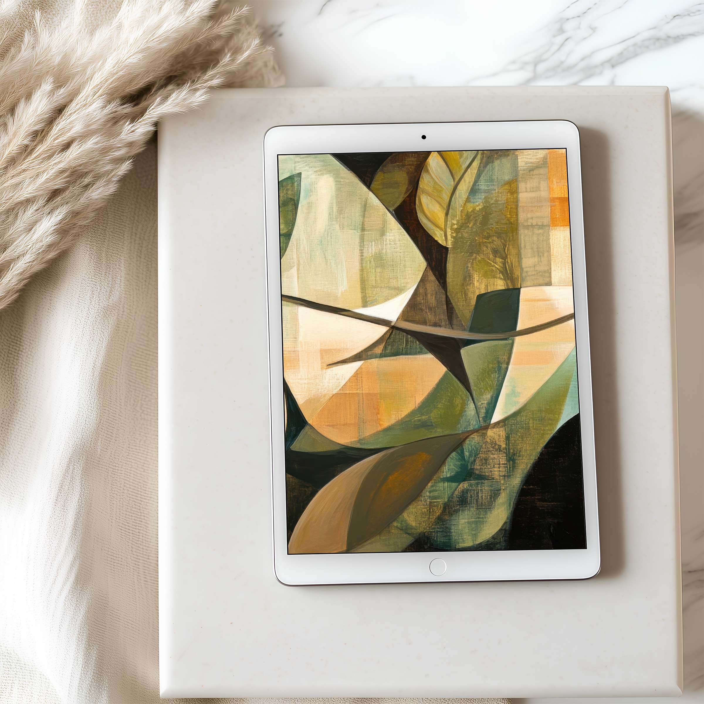 Abstract tablet wallpaper featuring earthy tones and geometric shapes, perfect for iPad or Android, enhancing any curated space