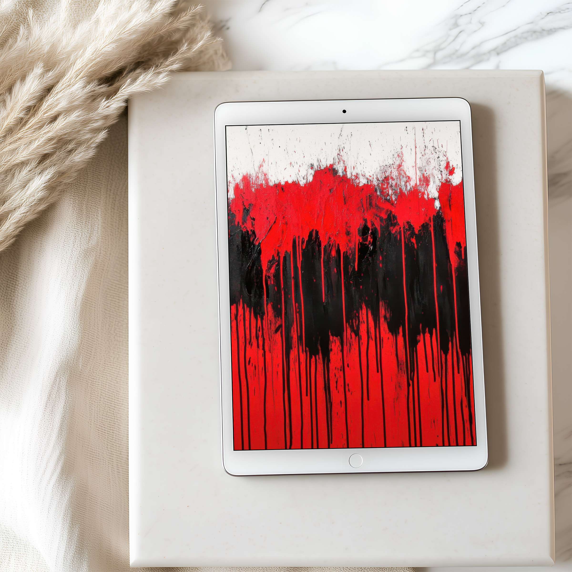Vibrant tablet wallpaper featuring red and black abstract art enhances any space, offering an eco-friendly, high-resolution digital download
