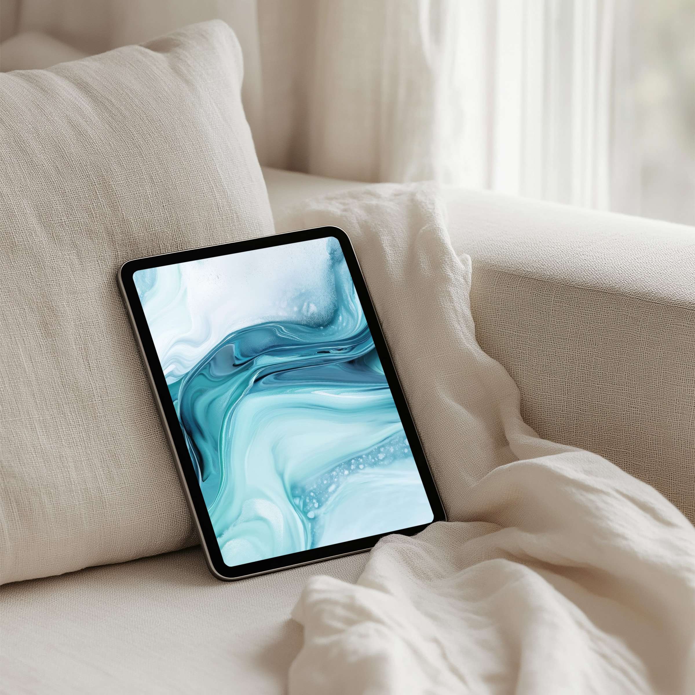 Elegant iPad background art in calming blues for instant download, enhancing mindfulness on tablets amid serene beige surroundings