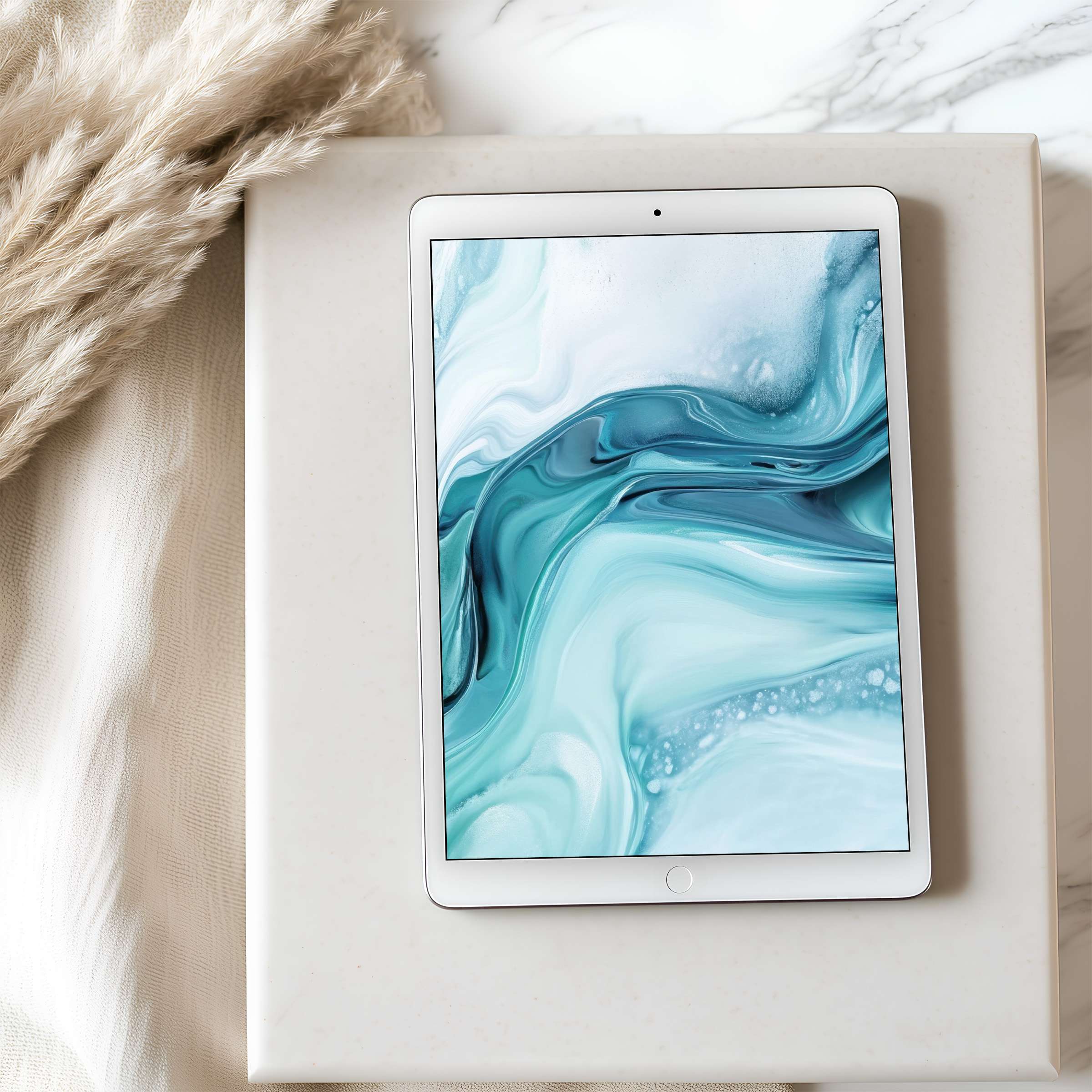 Elegant tablet wallpaper with serene blue and white abstract swirls on iPad, perfect for high resolution digital download, enhancing calm spaces