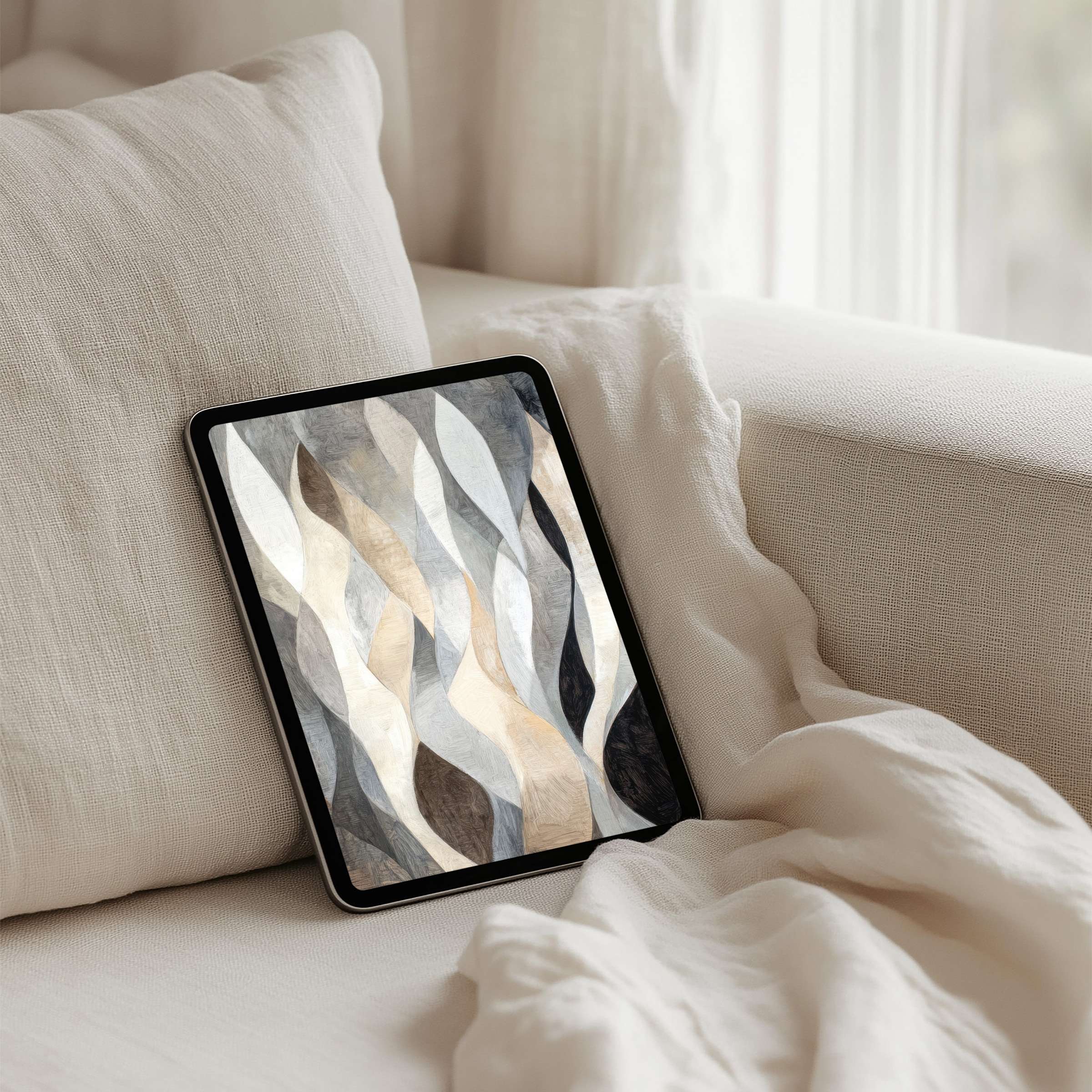 Elegant abstract waves in neutral tones create a calming iPad background for instant download, perfect for any tablet