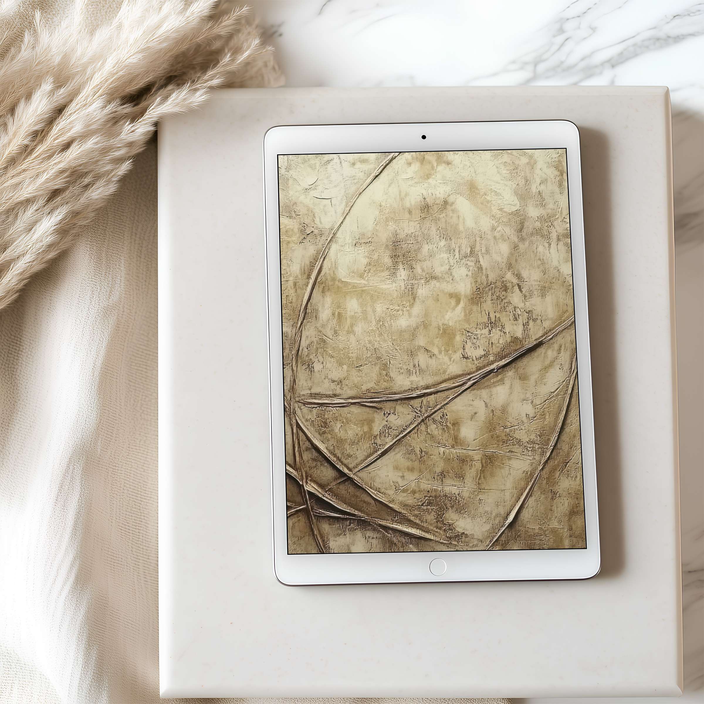 Elegant tablet wallpaper featuring abstract earth tones and textured lines set in a calming neutral interior for iPad download