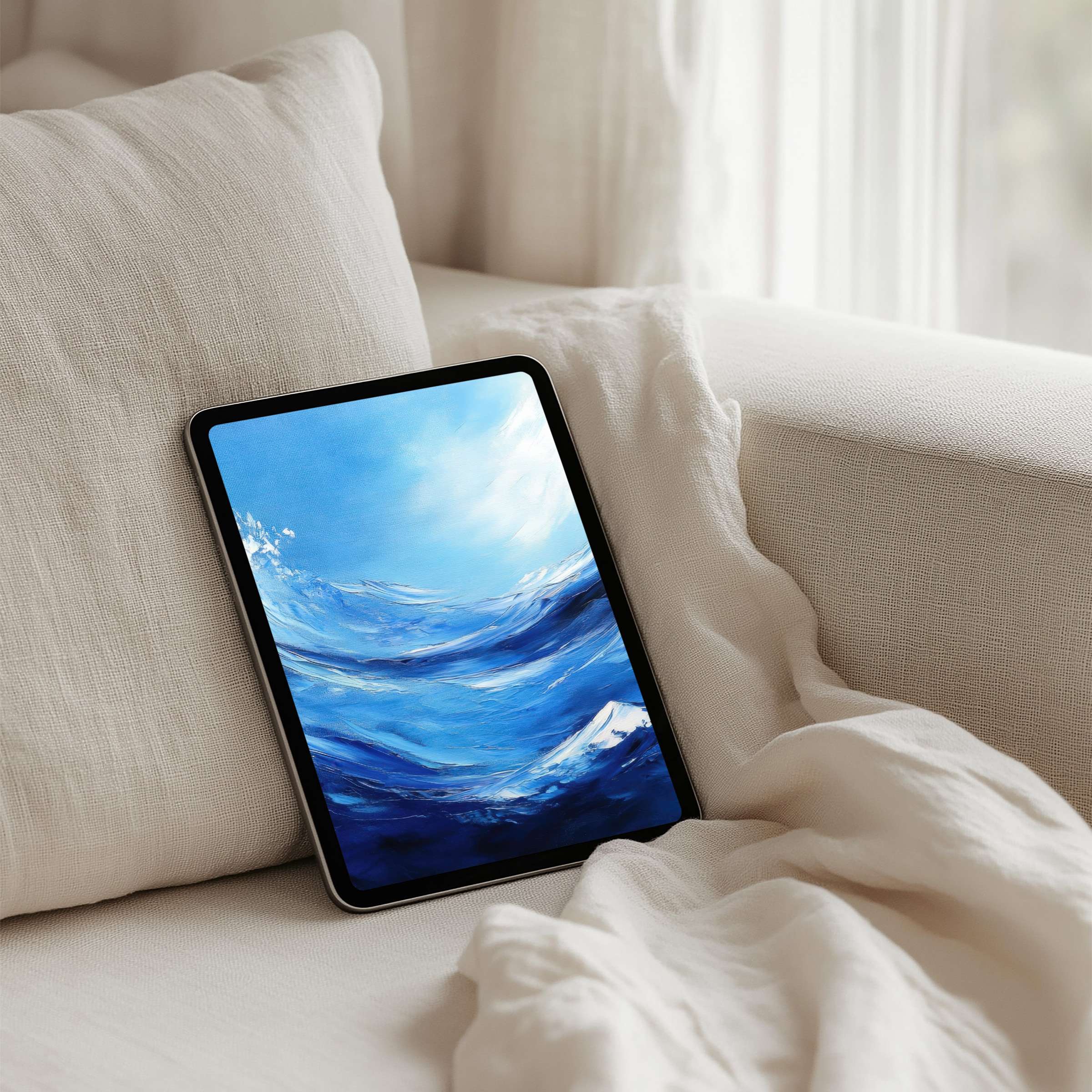 Serene blue ocean waves iPad background for instant download, perfect for tablet users seeking elegance, inspiration, and mindfulness