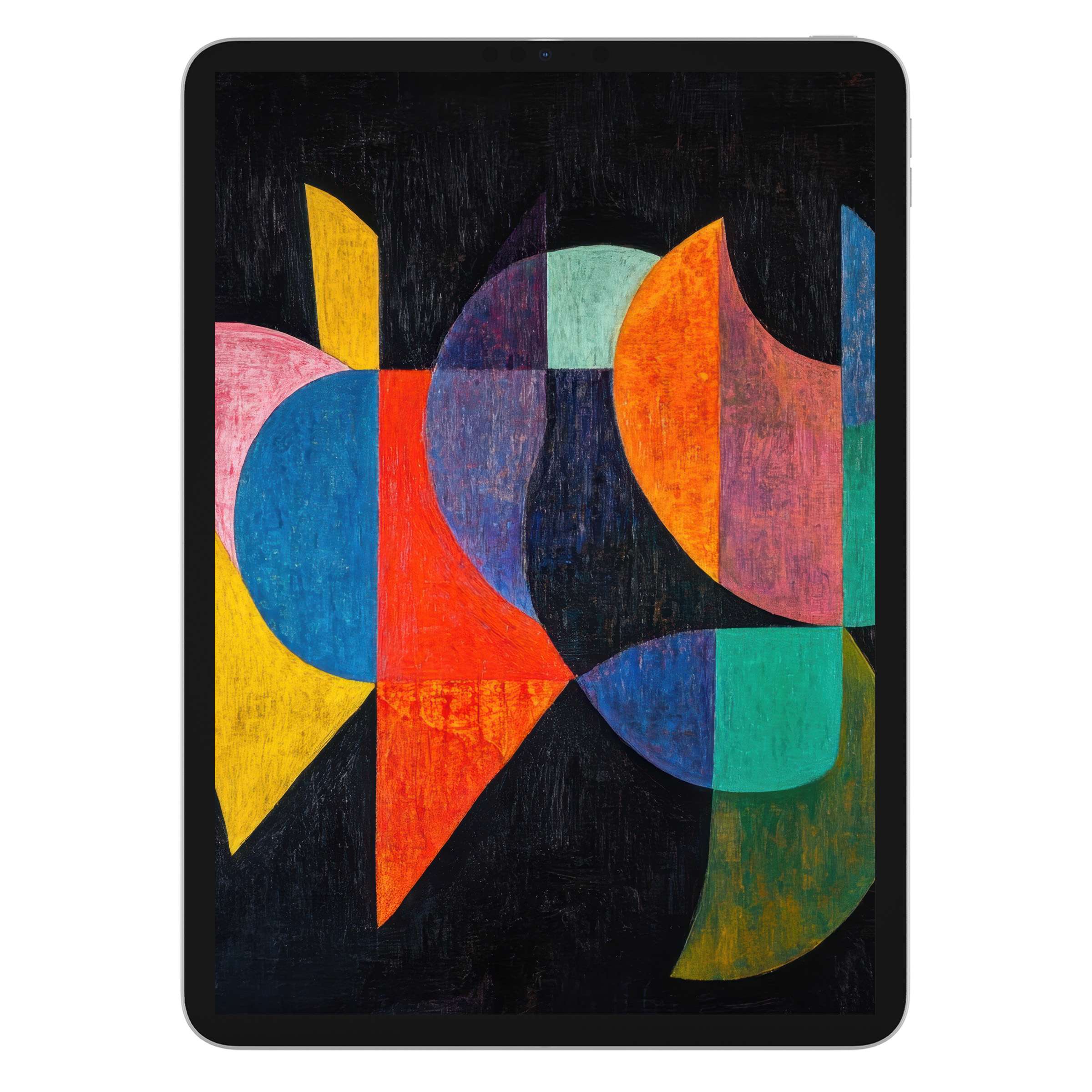 Colorful abstract shapes in this modern iPad wallpaper offer a digital download for a vibrant, artistic tablet background, eco-conscious design