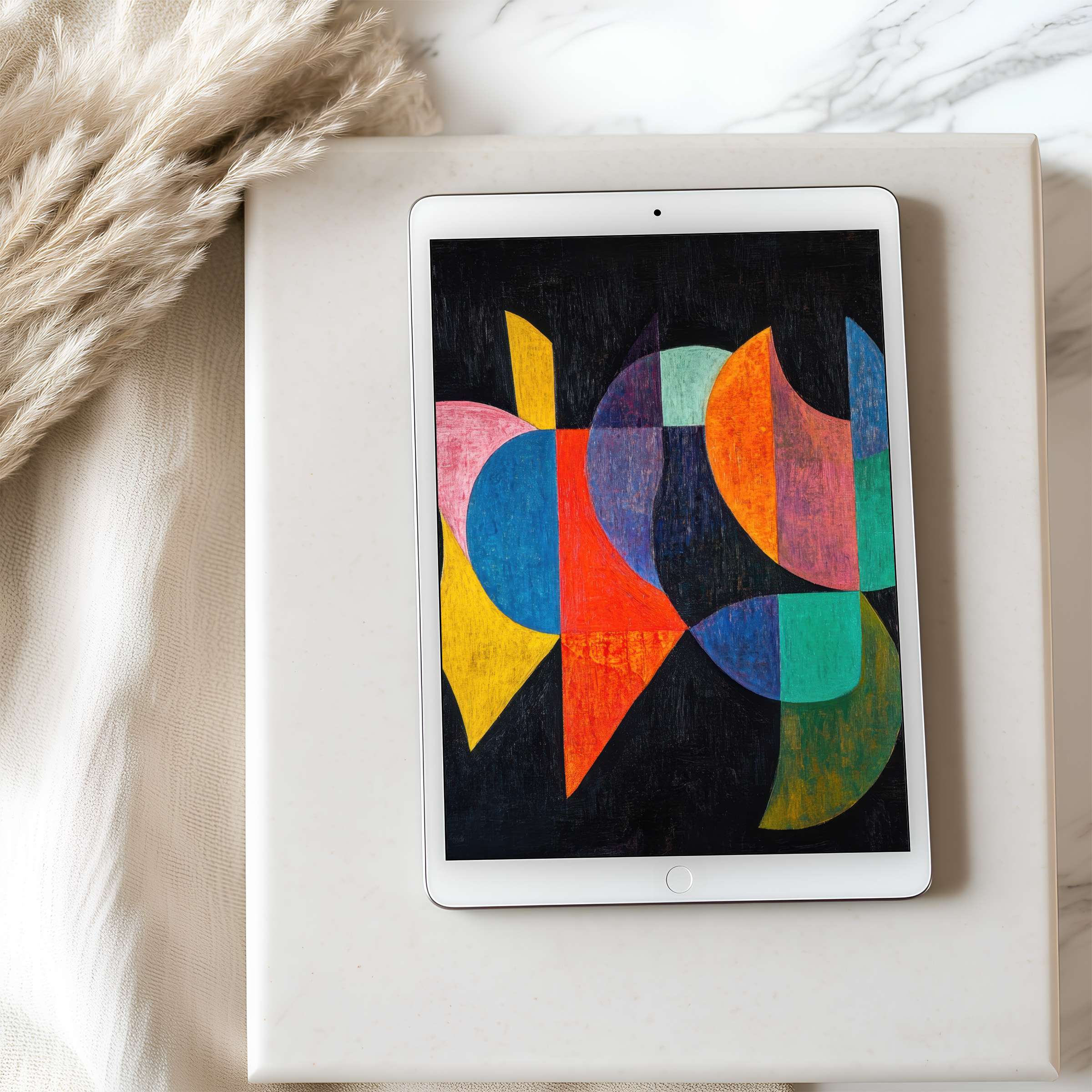 Vibrant abstract tablet wallpaper featuring colorful geometric shapes on high resolution iPad for a calming, sustainable digital download