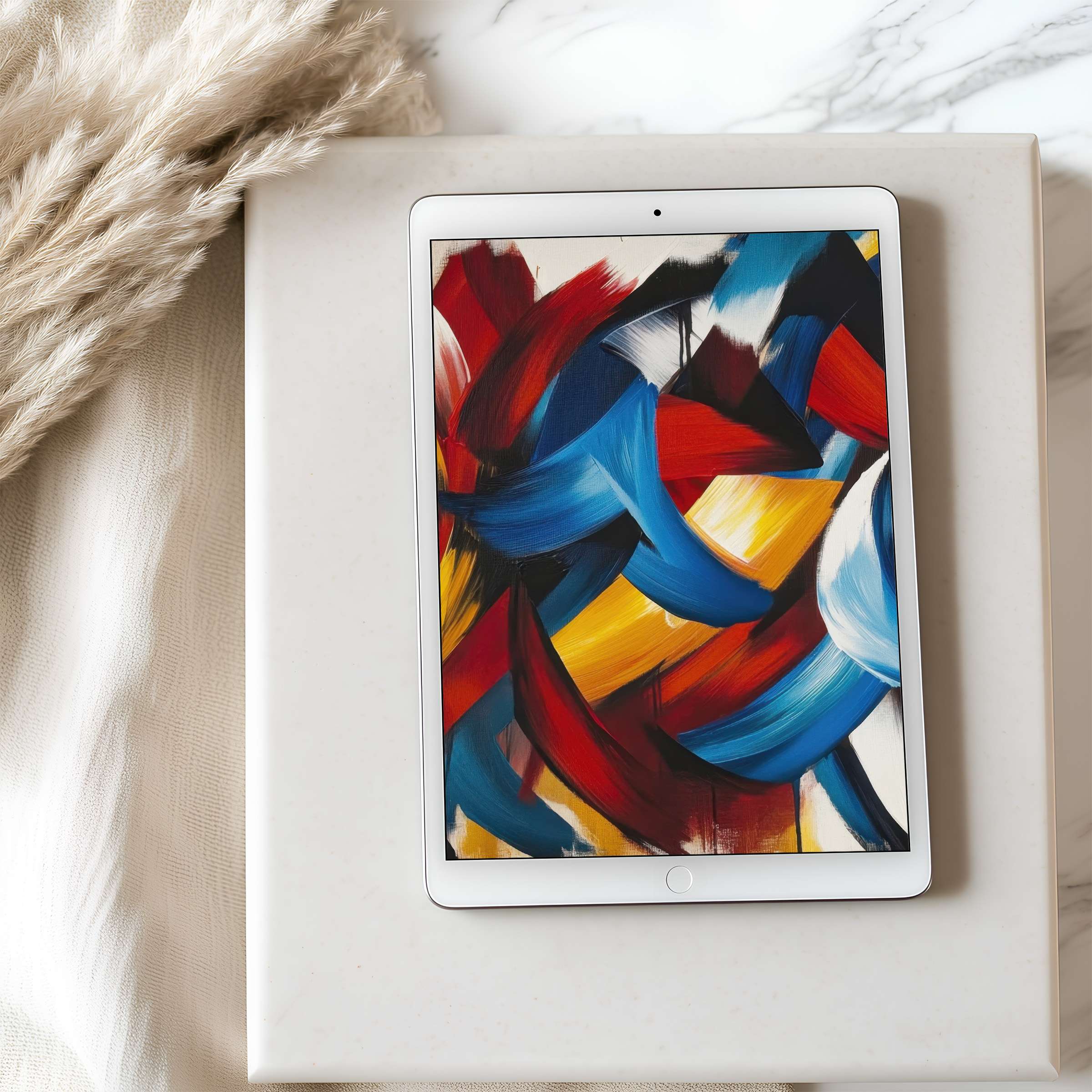 Vibrant abstract brushstrokes in red, blue, and yellow create an inspiring tablet wallpaper for iPad, offering high resolution digital download